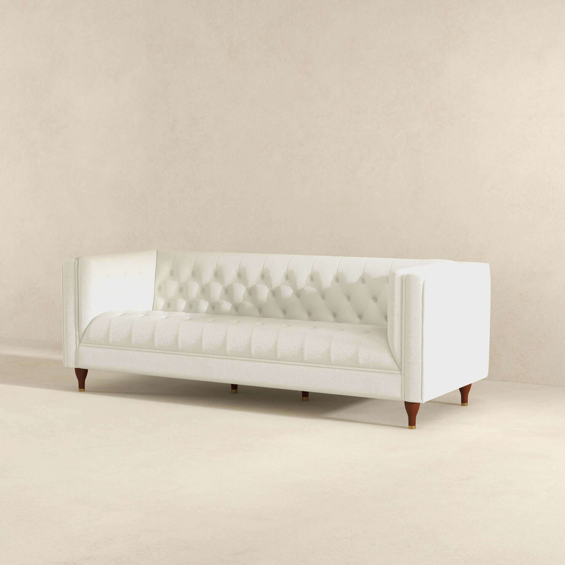 Evelyn Mid Century Modern Beige Boucle Luxury Chesterfield Sofa Ivory White,White Brown Wood Tufted Back Boucle,Solid Wood 3 Seat