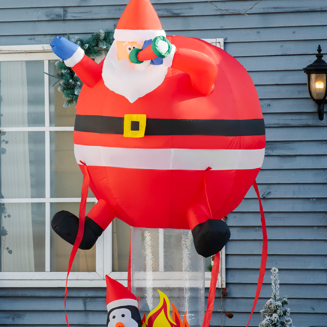 Outsunny 8Ft Christmas Inflatables Outdoor Decorations Santa Claus Hot Air Balloon With Penguin, Blow Up Led Yard Christmas Decor For Lawn Garden Party Red Polyester