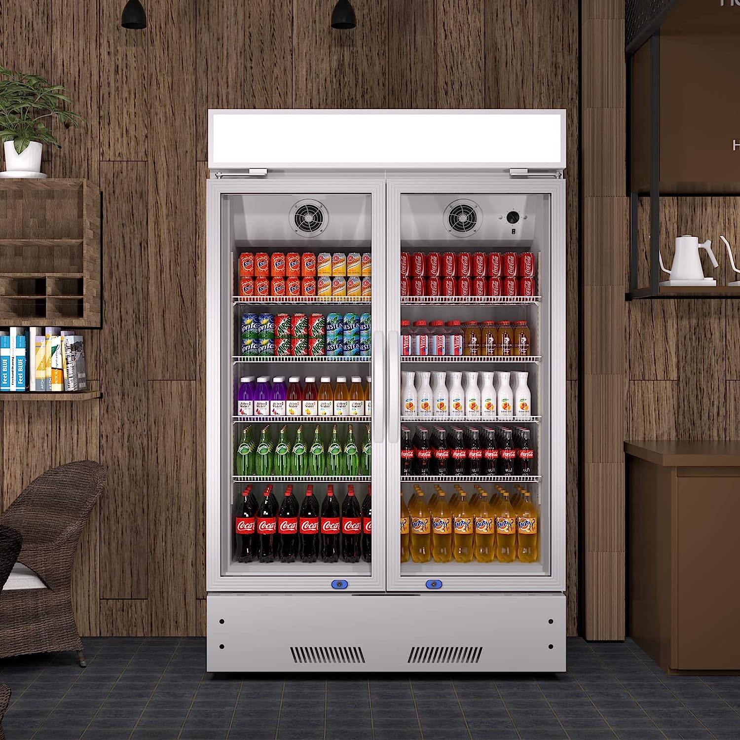 Commercial Refrigerator 2 Glass Door Reach In Cooler, Commercial Display Merchandiser Fridge, Capacity 17.1 Cuft, Etl Approved, Silver Silver Steel