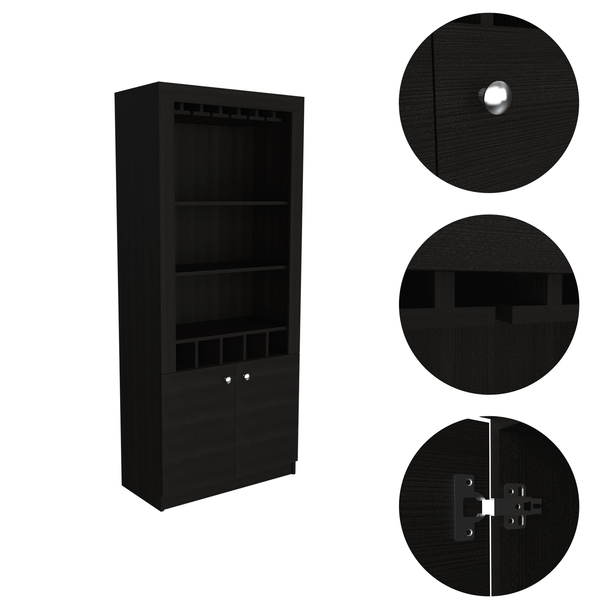 Montenegro Bar Cabinet, Double Door Cabinet, Five Built In Wine Rack, Three Shelves Black Black Primary Living Space Modern Particle Board Particle Board