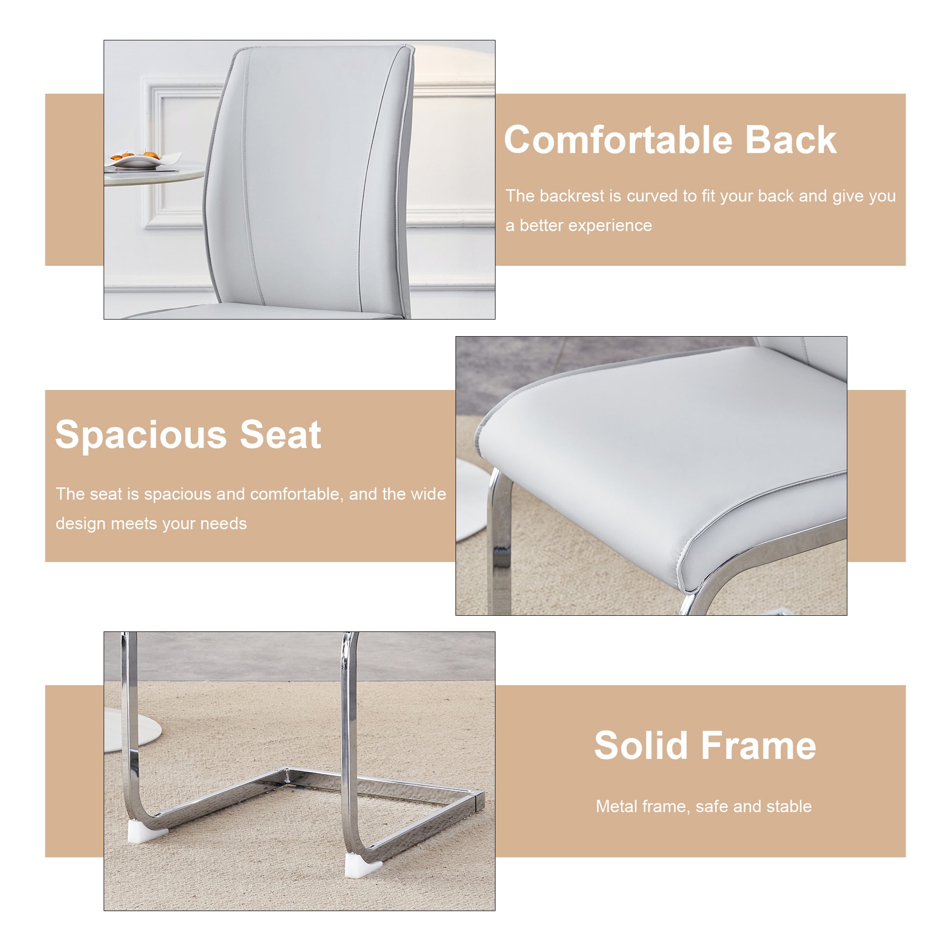 Table And Chair Set.Modern Dining Table,Tempered Glass Tabletop And Silver Colored Leg.Paired With 6 Soft And Comfortable Light Gray Pu Chair, Perfect For Dinner, Meetings, Home And Office Decor.