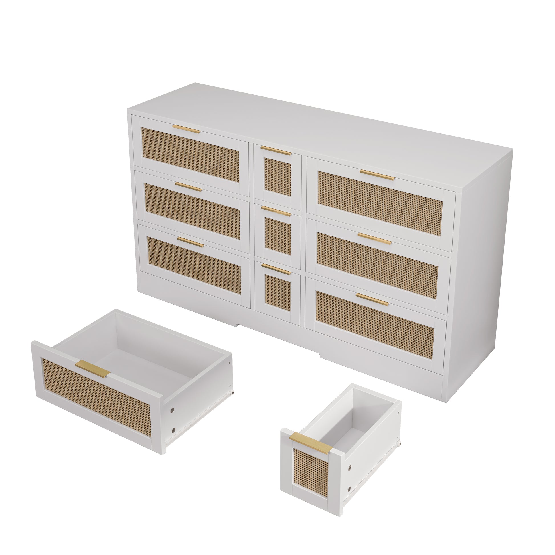 51.2 "Rattan Locker With Drawers, 9 Drawers, Metal Handles For Kitchen, Living Room, Bedroom White White Mdf