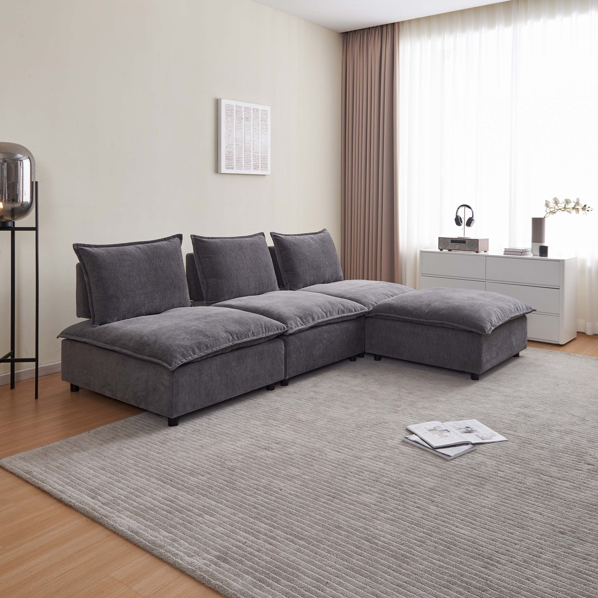 Modern Armless Accent Chair, Single Sofa Couch With Ottoman Compact Design, Space Saving Seating For Living Room, Bedroom, Apartment, Office Gray Wood Medium Soft Foam Chenille 1 Seat