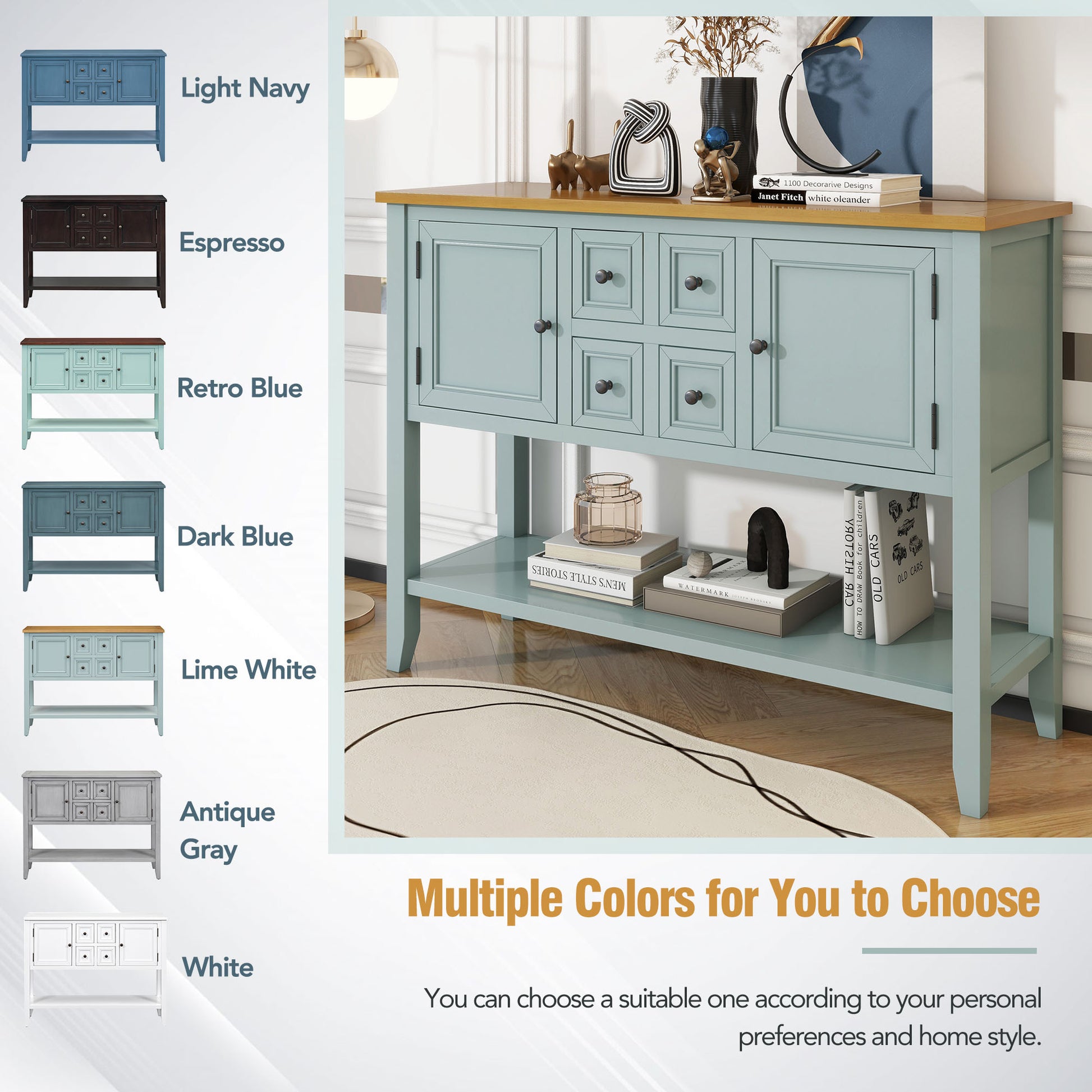 Cambridge Series Large Storage Vintage Console Table With Four Small Drawers And Bottom Shelf For Living Rooms, Entrances And Kitchens Lime White, Old Sku: Wf190263Aak Lime White Solid Wood Mdf
