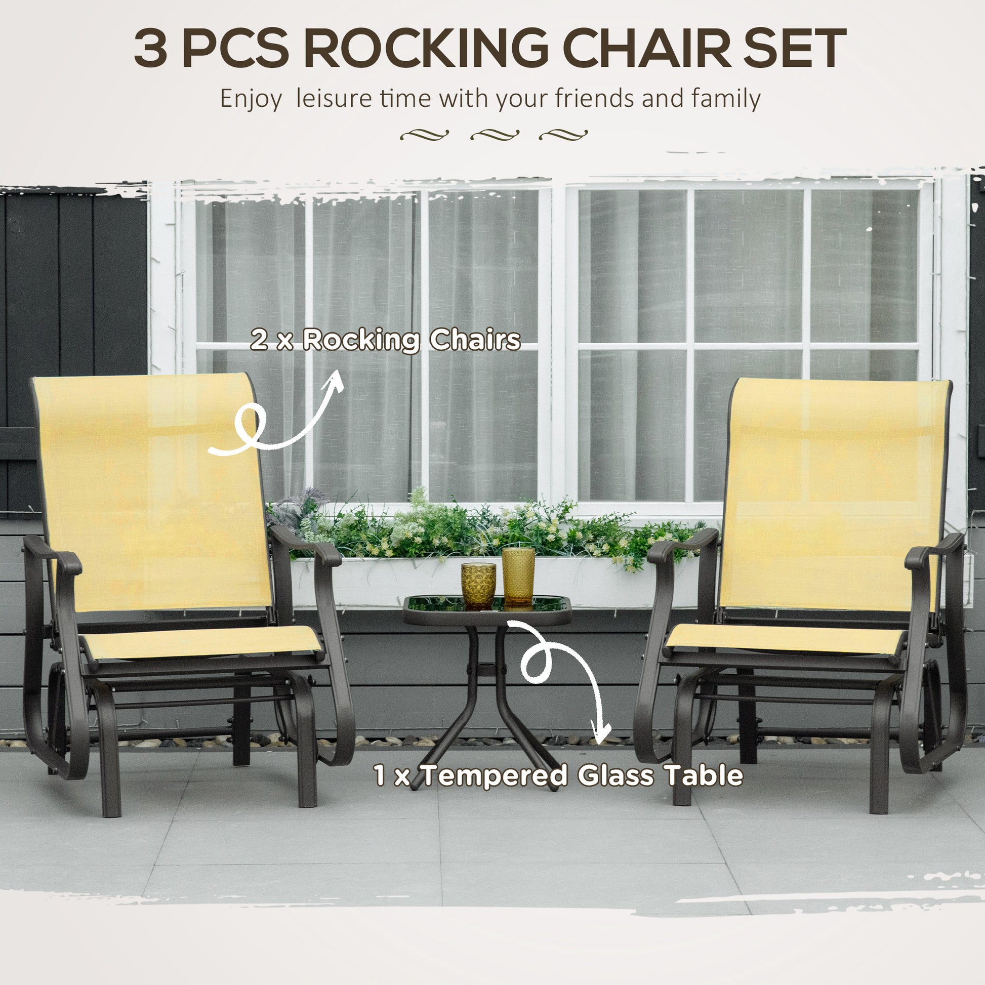 Outsunny 3 Piece Outdoor Gliders Set Bistro Set With Steel Frame, Tempered Glass Top Table For Patio, Garden, Backyard, Lawn, Beige Beige Fabric Metal