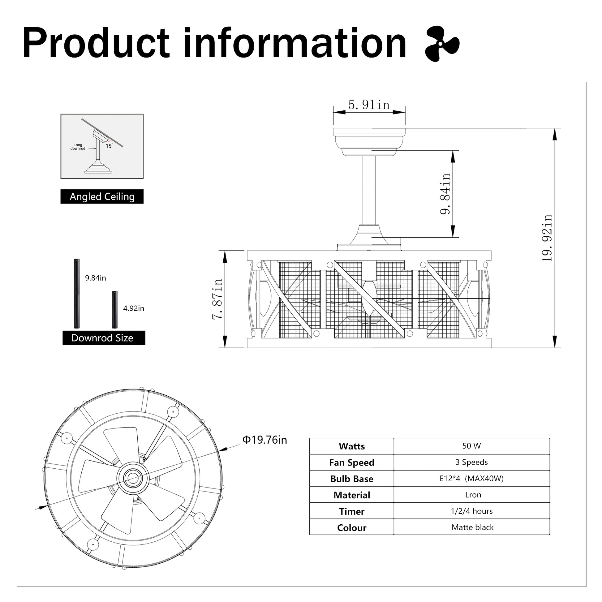 20''Industrial 5 Blade Ceiling Fan With Remote Control ,5 Abs Blades Small Size Ceiling Fan Matte Black Abs Metal