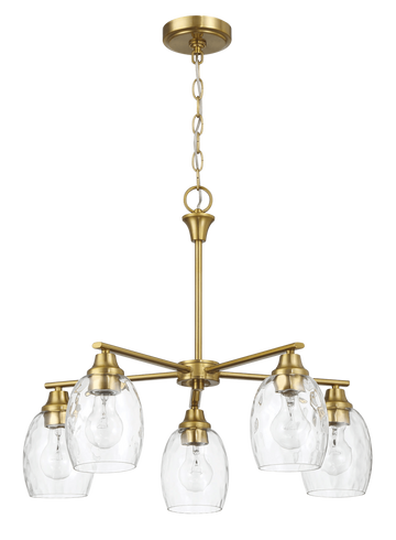 Elegance Five Lights Linear Arms With Golden Brass Finish Chain Chandelier 24"W 8.5"H With Clear Water Glass Clear,Gold Brass,Glass