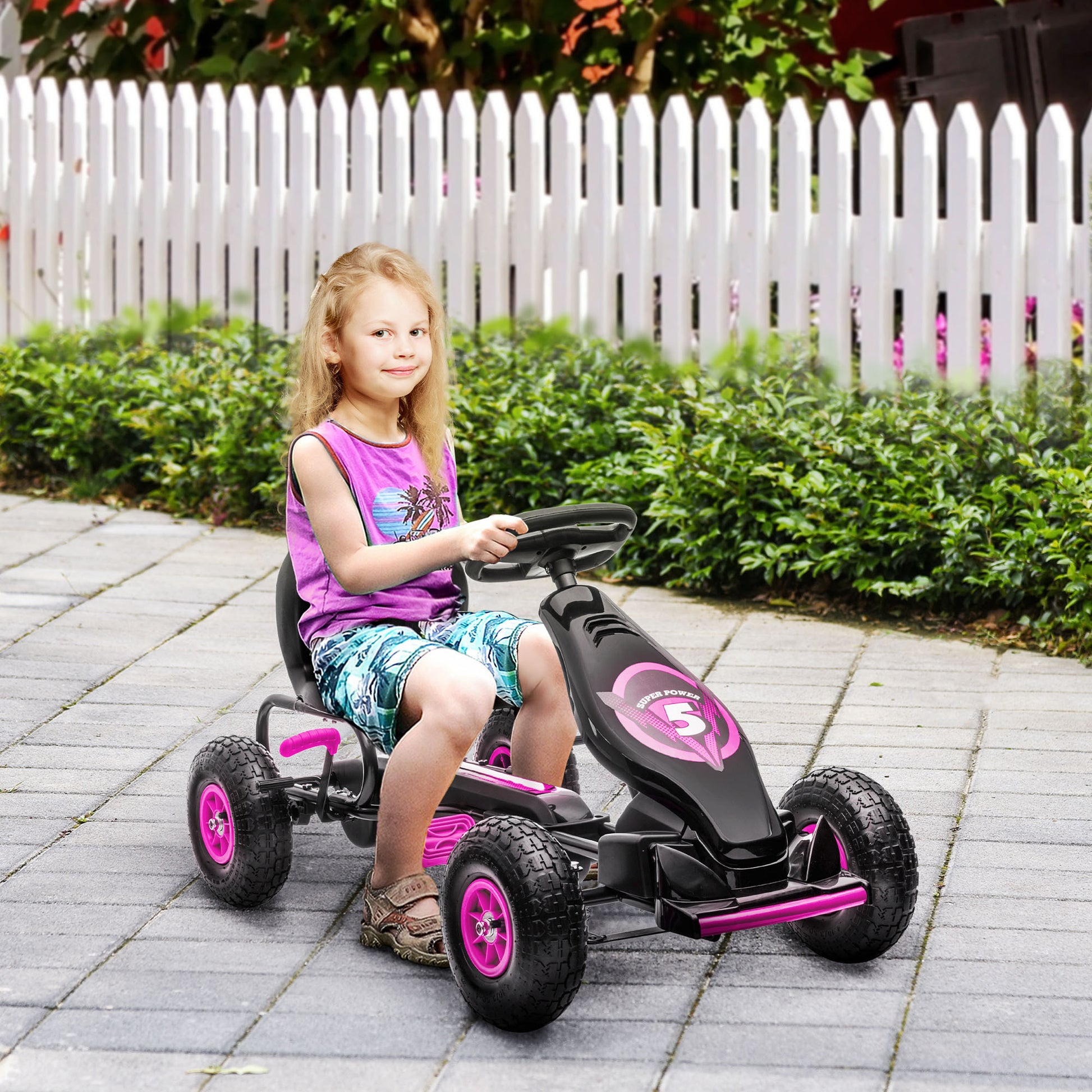 Aosom Kids Pedal Go Kart Ride On Toy With Ergonomic Comfort, Pedal Car With Tough, Wear Resistant Tread, Go Cart Kids Car For Boys & Girls With Suspension System, Safety Hand Brake, Ages 5 12, Pink Pink Plastic