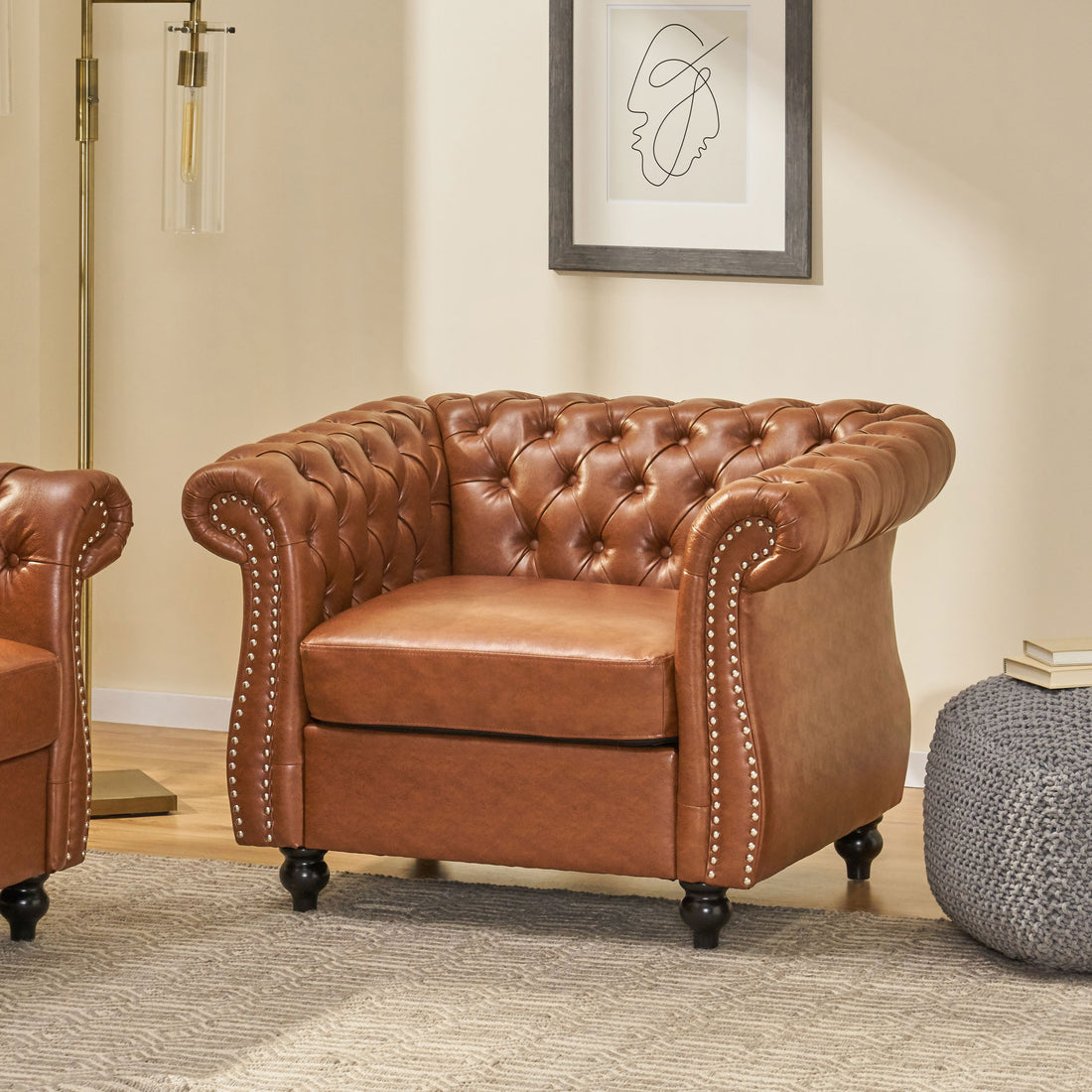 Comfy Arm Chair With Tufted Backmodern For Living Room, Bedroom And Study Brown Pu