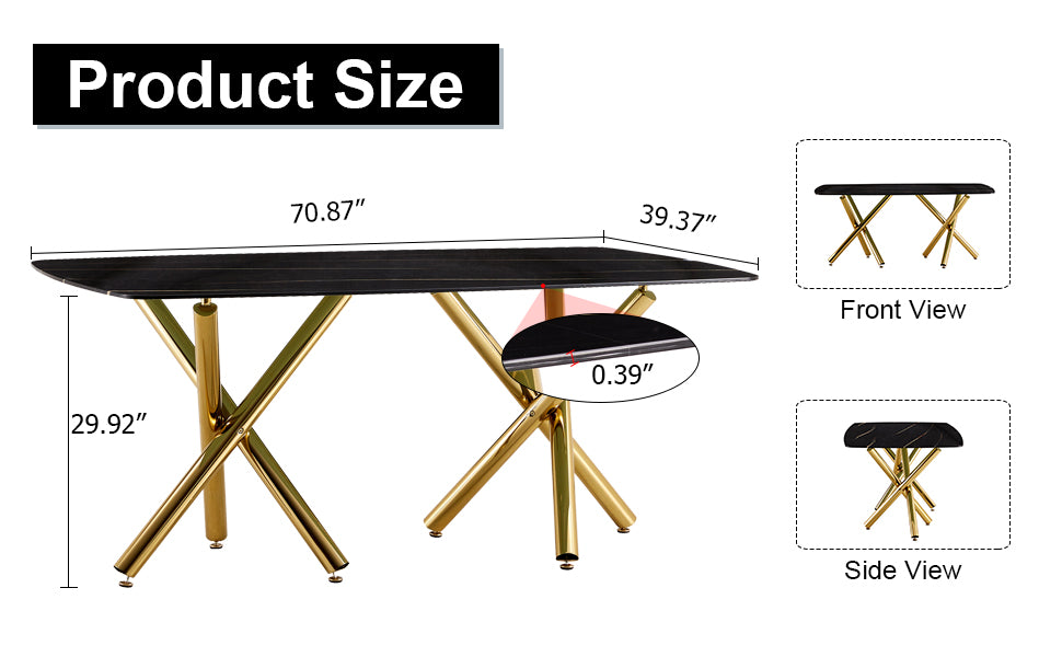 Large Modern Minimalist Rectangular Dining Table With 0.39 "Imitation Marble Black Desktop And Gold Metal Legs, Paired With 8 Chairs With Pu Cushions And Black Metal Legs.F 1538 C 007 Black Gold