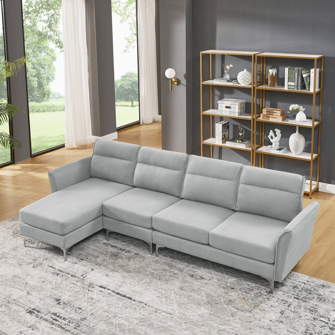 Modern Sofa 3 Seat Couch With Stainless Steel Trim And Metal Legs For Living Room,Package Compression Sofa Technology,Gray Gray Foam 3 Seat