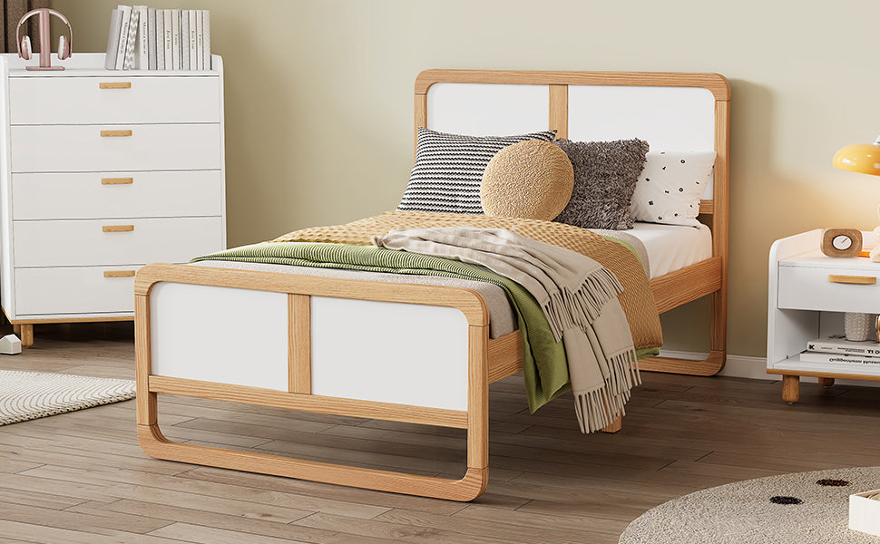 Modern Style Twin Size Solid Wood Platform Bed For Kids, Teens, Adults, No Need Box Spring, Walnut And White Box Spring Not Required Twin White Walnut Wood Bedroom Modern Pine Bed Frame Wood