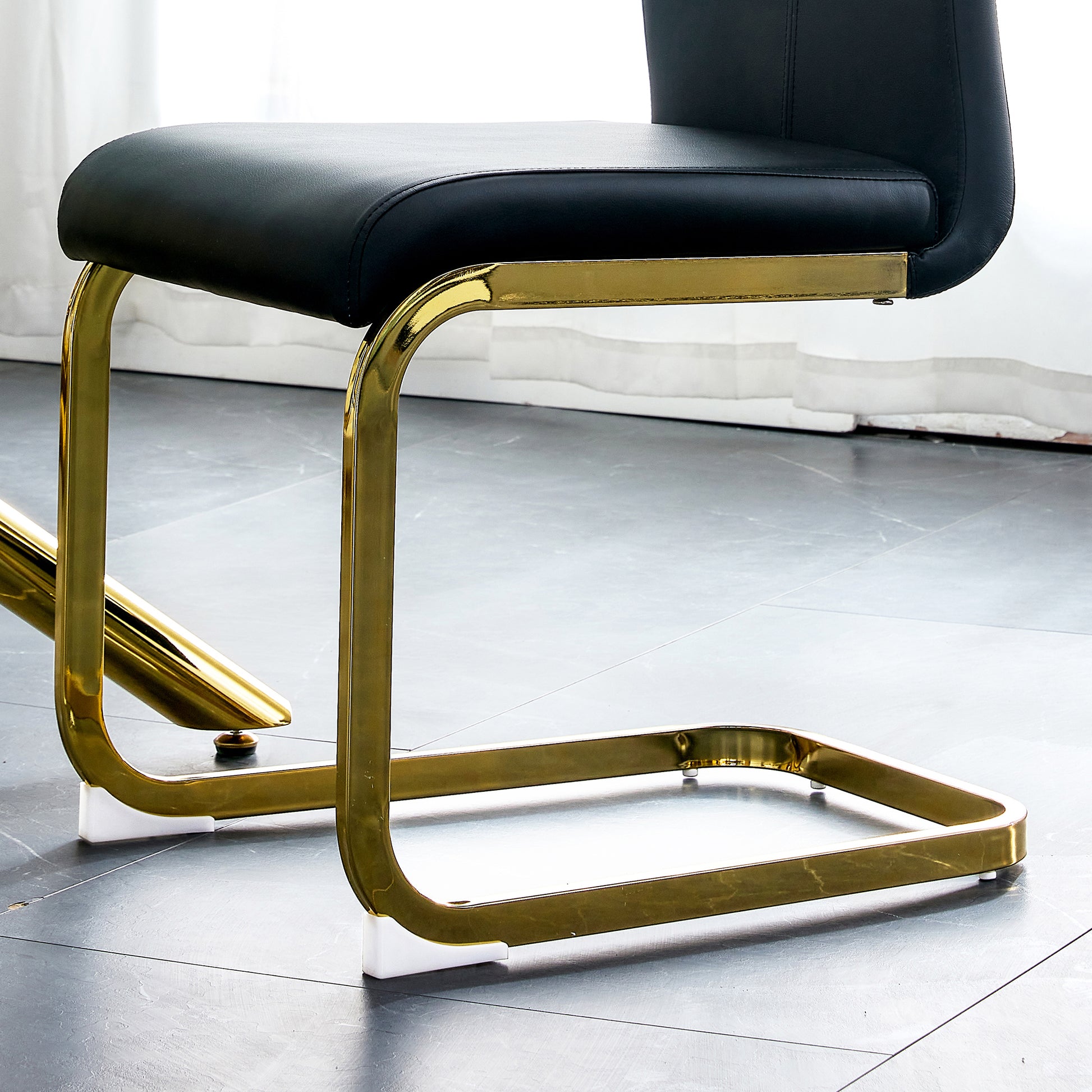 Table And Chair Set.Large Modern Rectangular Table With 0.4 Inch Patterned Glass Tabletop And Large Mdf Table Legs.Comes With 6 Chairs With Faux Leather Cushioned Seats And Golden Metal Legs. Gold White Seats 6 Mdf Glass