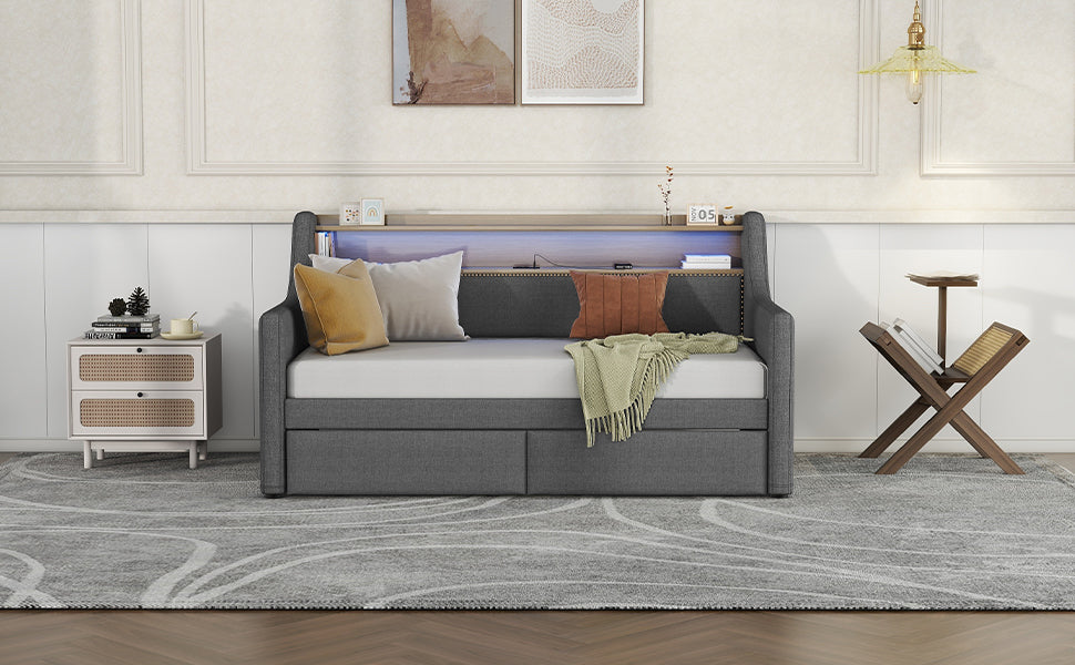 Twin Size Daybed With Storage Drawers, Upholstered Daybed With Charging Station And Led Lights, Gray Old Item W1580S00034 Twin Gray Linen