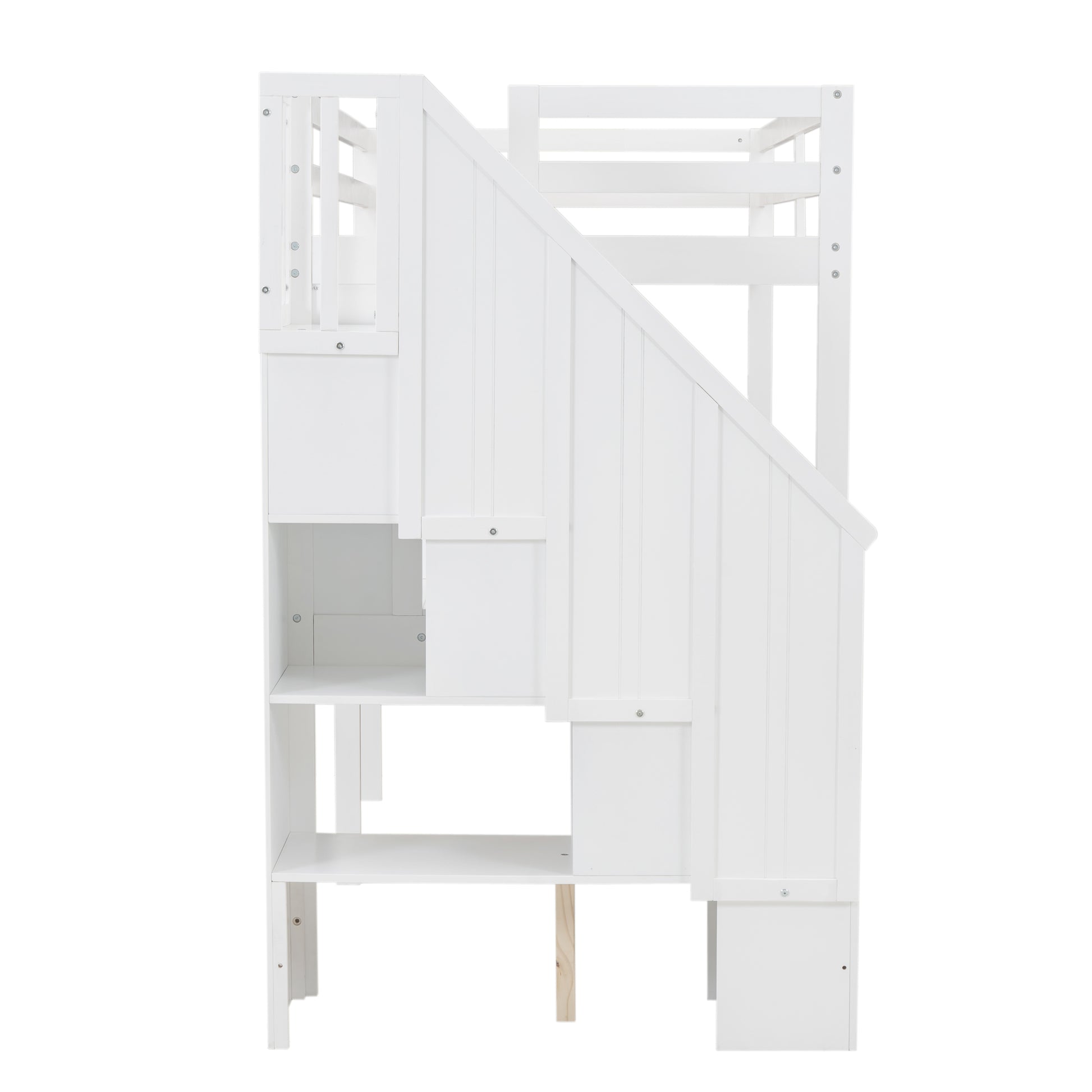 Twin Size Loft Bed Frame With Storage Staircase And Double Desks And Shelves,White Twin White Solid Wood Mdf