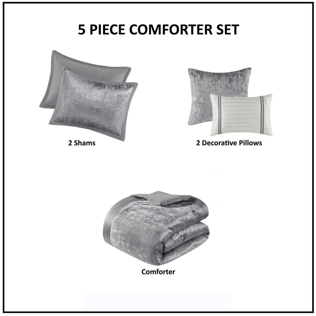 5 Piece Crinkle Velvet Comforter Set Silver Full Queen Full Silver Polyester