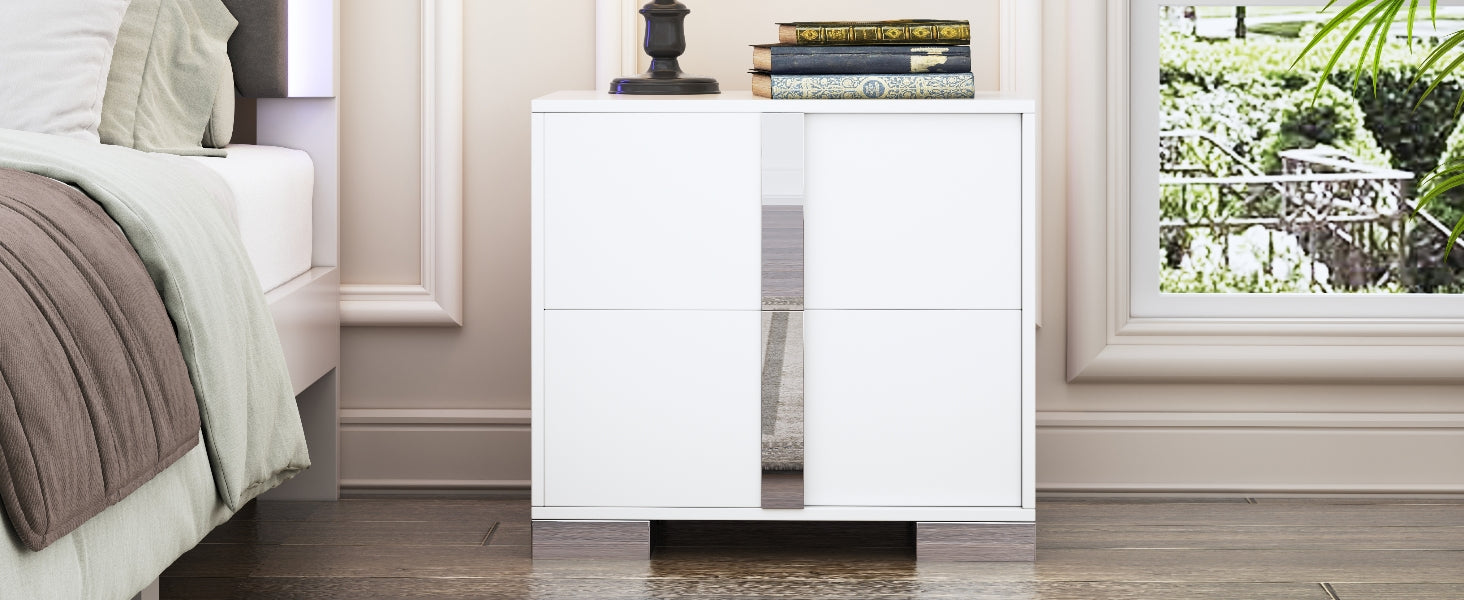 Elegant Nightstand With Metal Handle,Mirrored Bedside Table With 2 Drawers For Bedroom,Living Room,White White 2 Drawers Mdf Metal