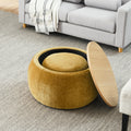 Round Storage Ottoman, 2 In 1 Function, Work As End Table And Ottoman,With Small Seat,Dark Yellow 25