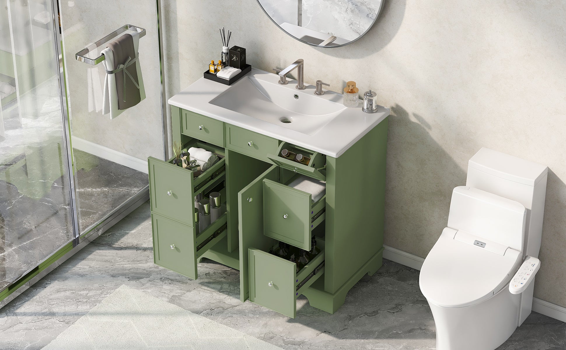 36" Bathroom Vanity With Sink, One Cabinet With Three Drawers And One Flip Drawer, Solid Wood And Mdf Board, Green Green Solid Wood Mdf