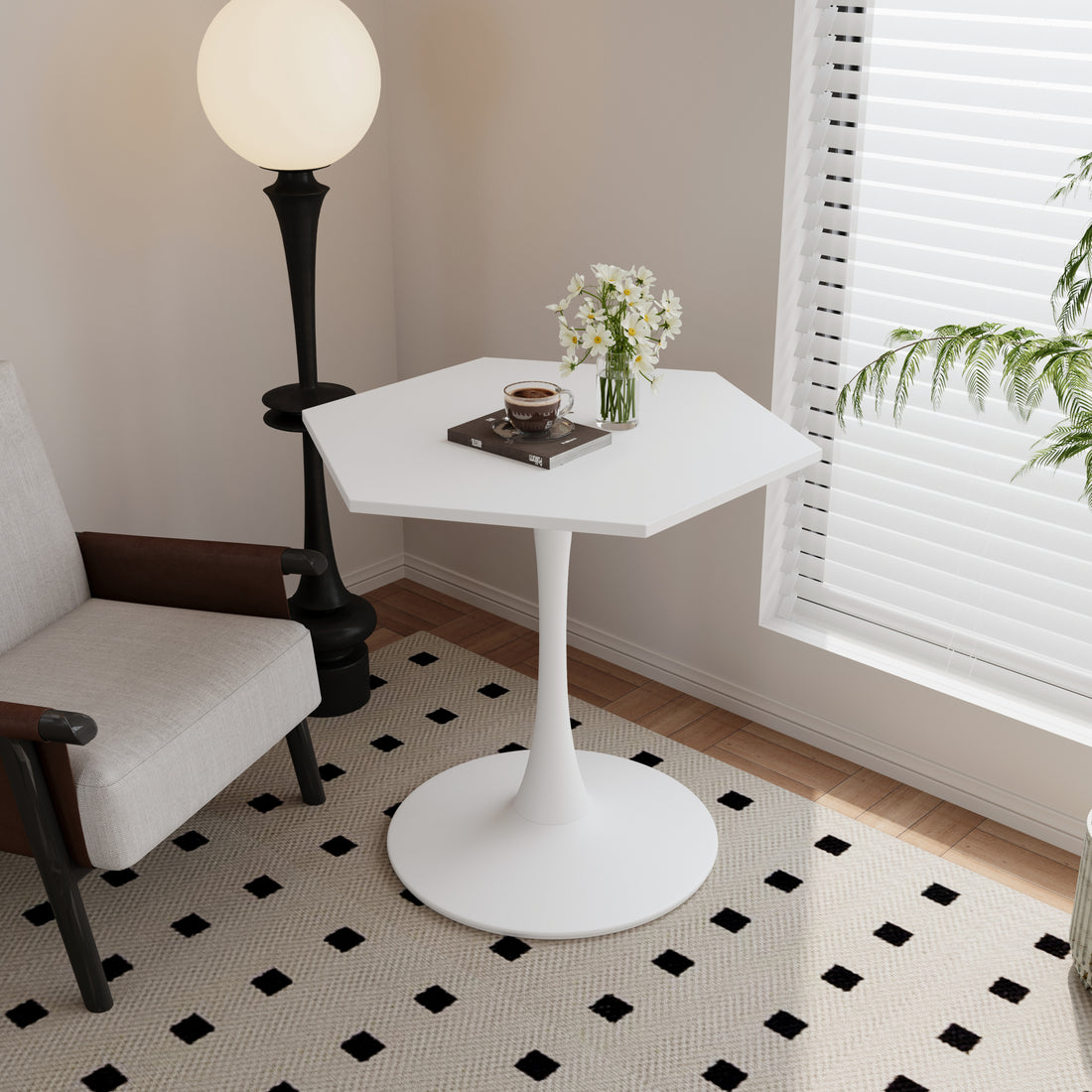 31.50"Modern Hexagonal Coffee Table With Mdf Table Top,Metal Base, For Dining Room, Kitchen, Living Room,White White Mdf Metal