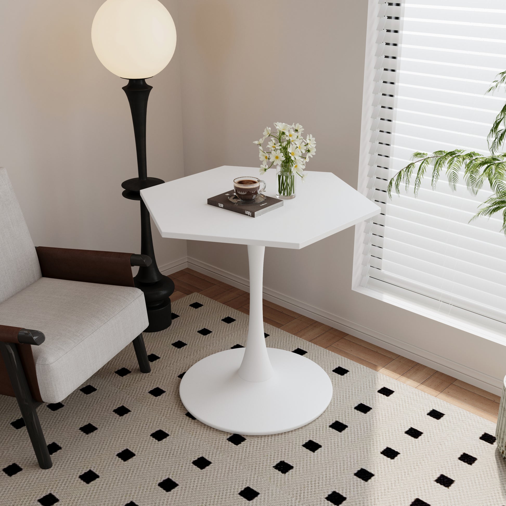 31.50"Modern Hexagonal Coffee Table With Mdf Table Top,Metal Base, For Dining Room, Kitchen, Living Room,White White Mdf Metal