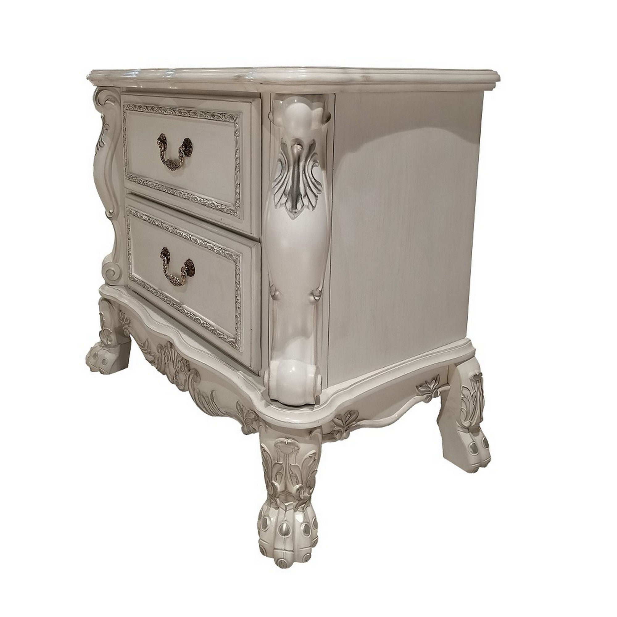 Aurora 32 Inch Classic Wood Nightstand, 2 Drawers, Subtle Carvings, White White Wood