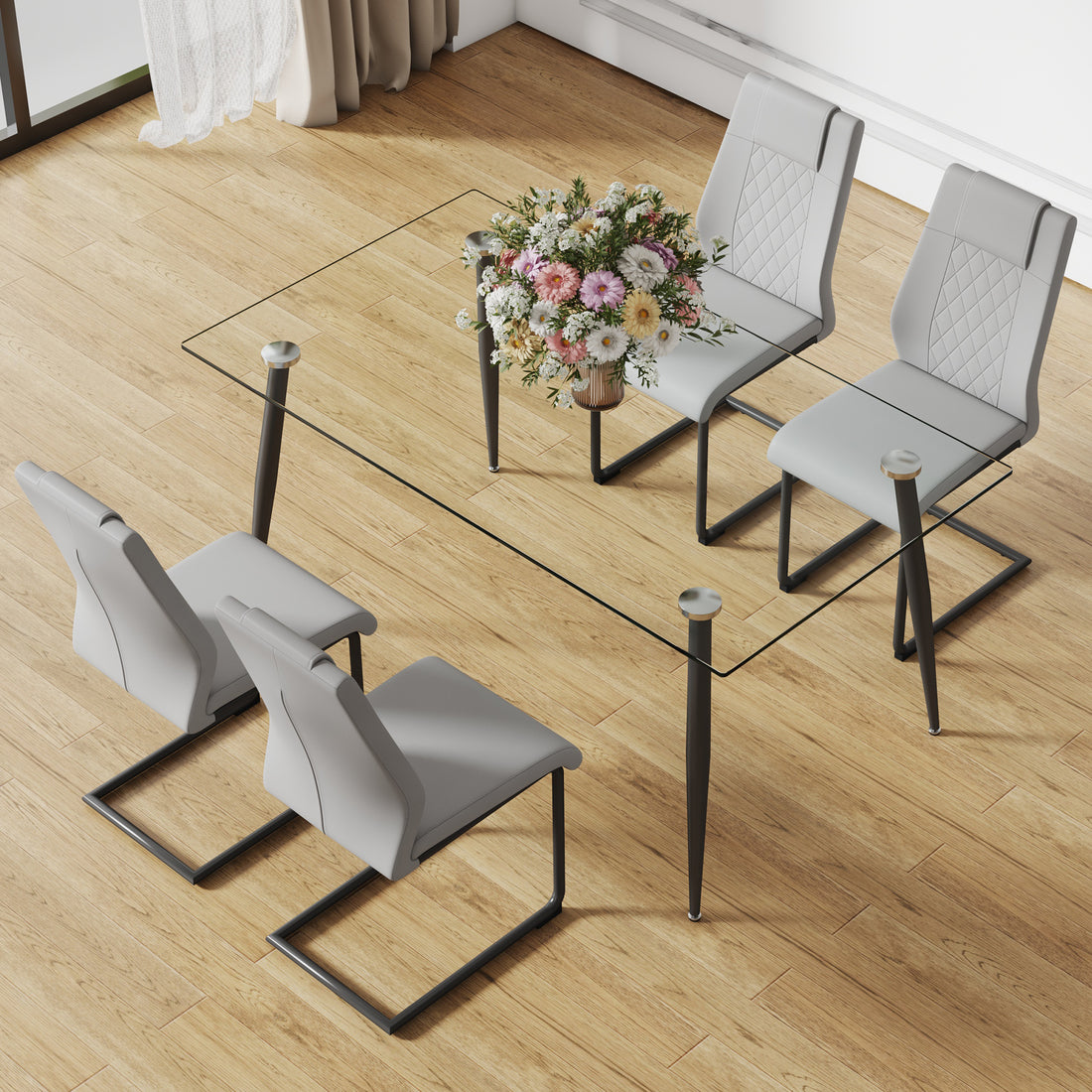 1 Table And 4 Chairs Set.Rectangular Table With Transparent Tempered Glass Tabletop And Black Metal Legs.Paired With 4 Chairs With Pu Leather Cushioned Seats And Black Metal Legs.Dt 1544 C 001 Transparent Glass Metal