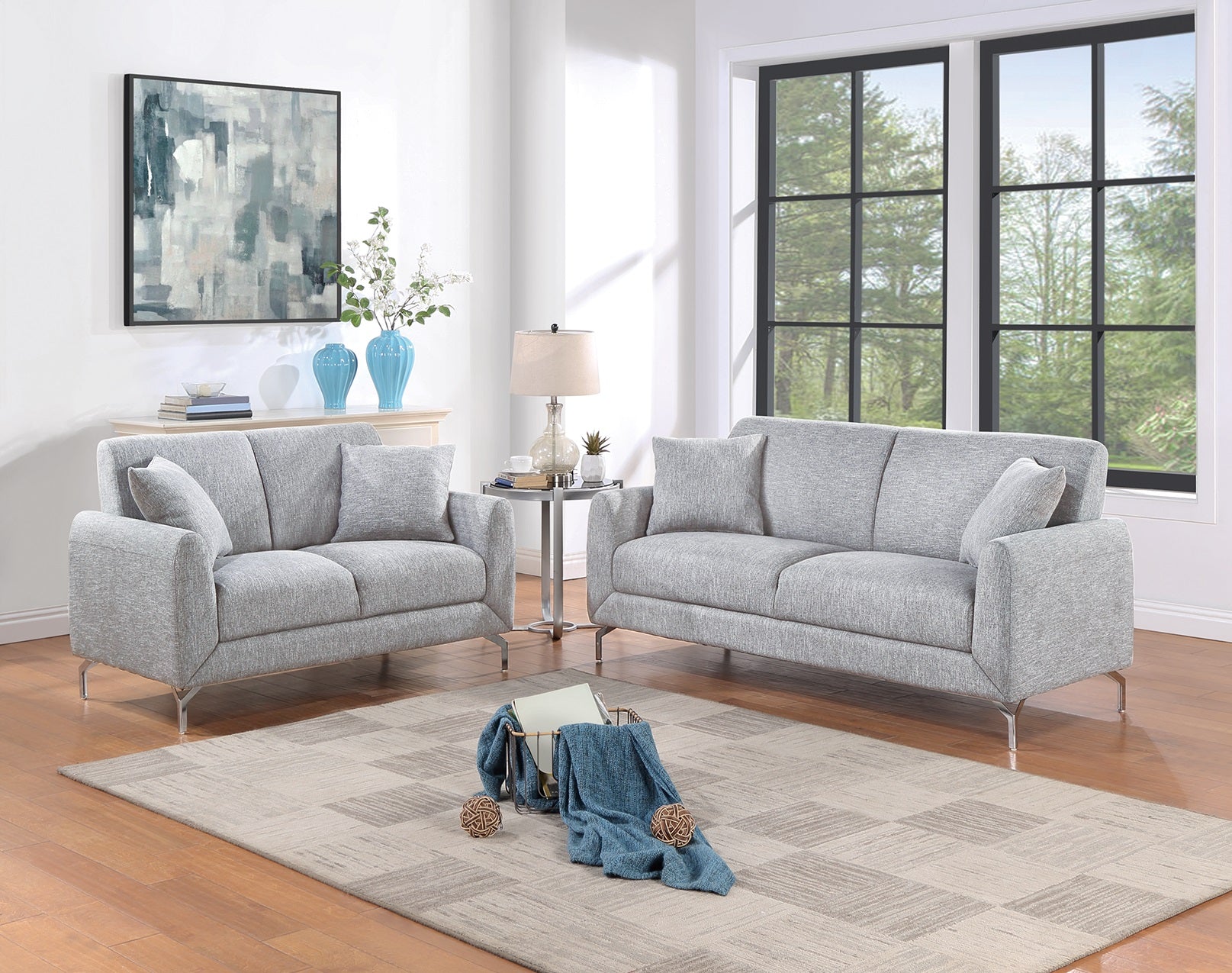 Elegant 2Pc Sofa Set Light Gray Burlap Like Fabric Sofa Loveseat W Pillows Cozy Design Plush Couch Living Room Light Gray Primary Living Space Cushion Back Classic,Contemporary,Modern Rubberwood