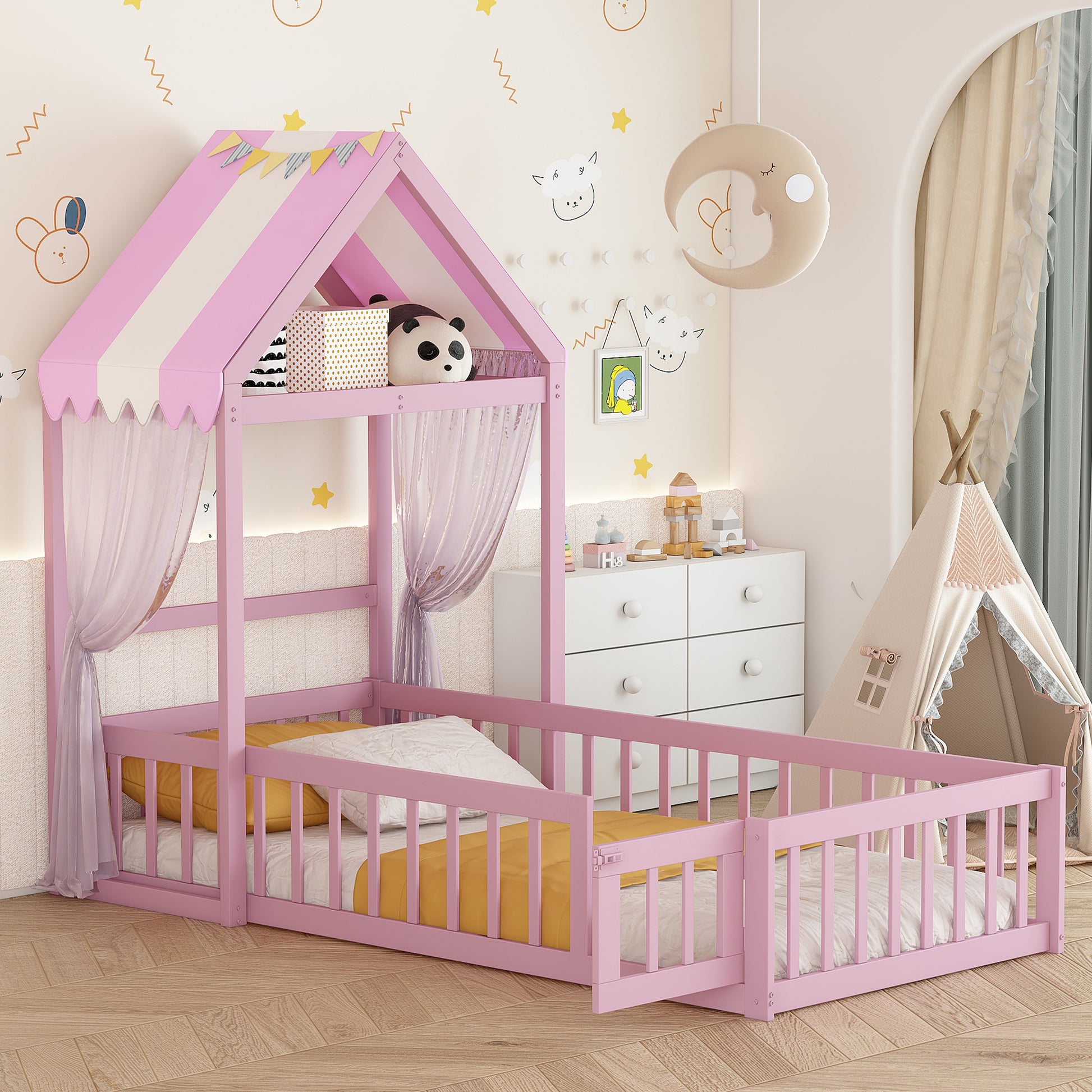 Wooden Floor Bed With Fence Railings And Detachable House Shape Headboard, Twin Size Bed With Kids Dress Up Rack, Kids Montessori Style Playhouse Frame For Girls Boys, Pink Twin Pink Wood