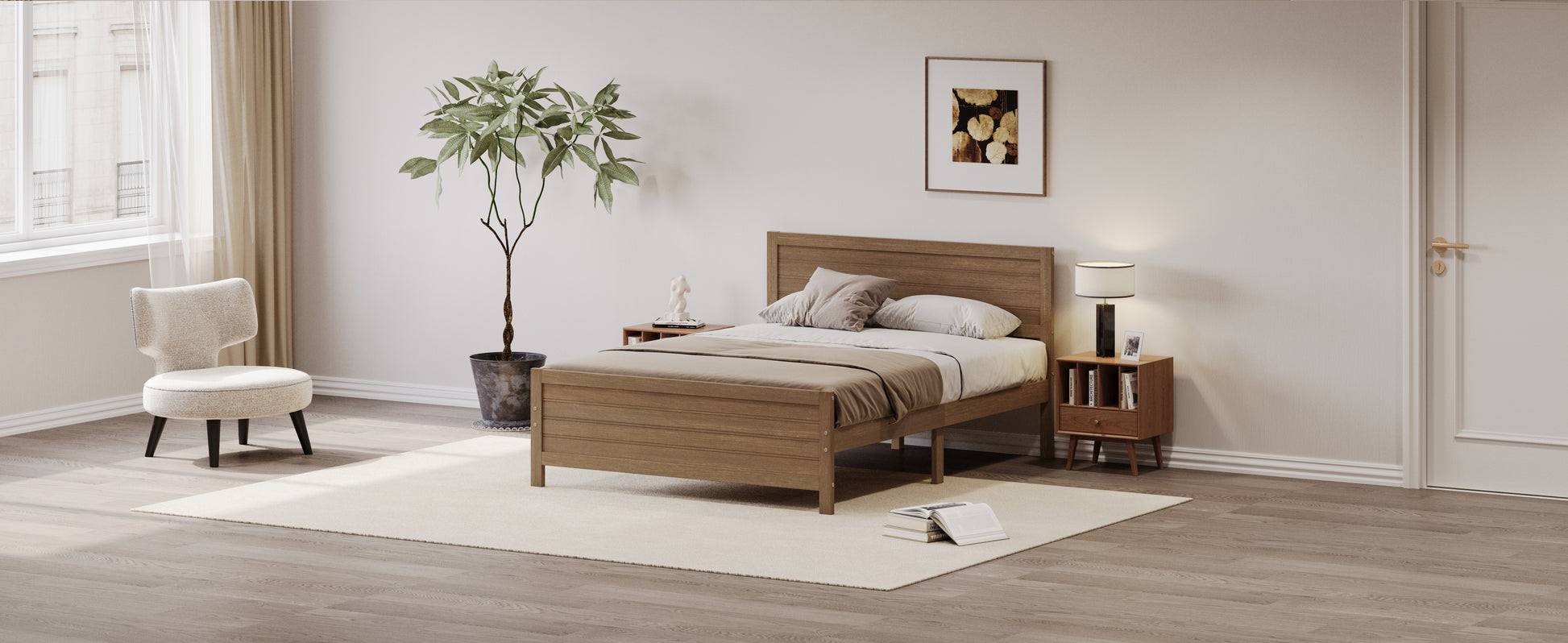 Wood Platform Bed Frame With Headboard, Mattress Foundation With Wood Slat Support, No Box Spring Needed, King Size, Walnut Box Spring Not Required King Walnut Wood Solid Wood Mdf