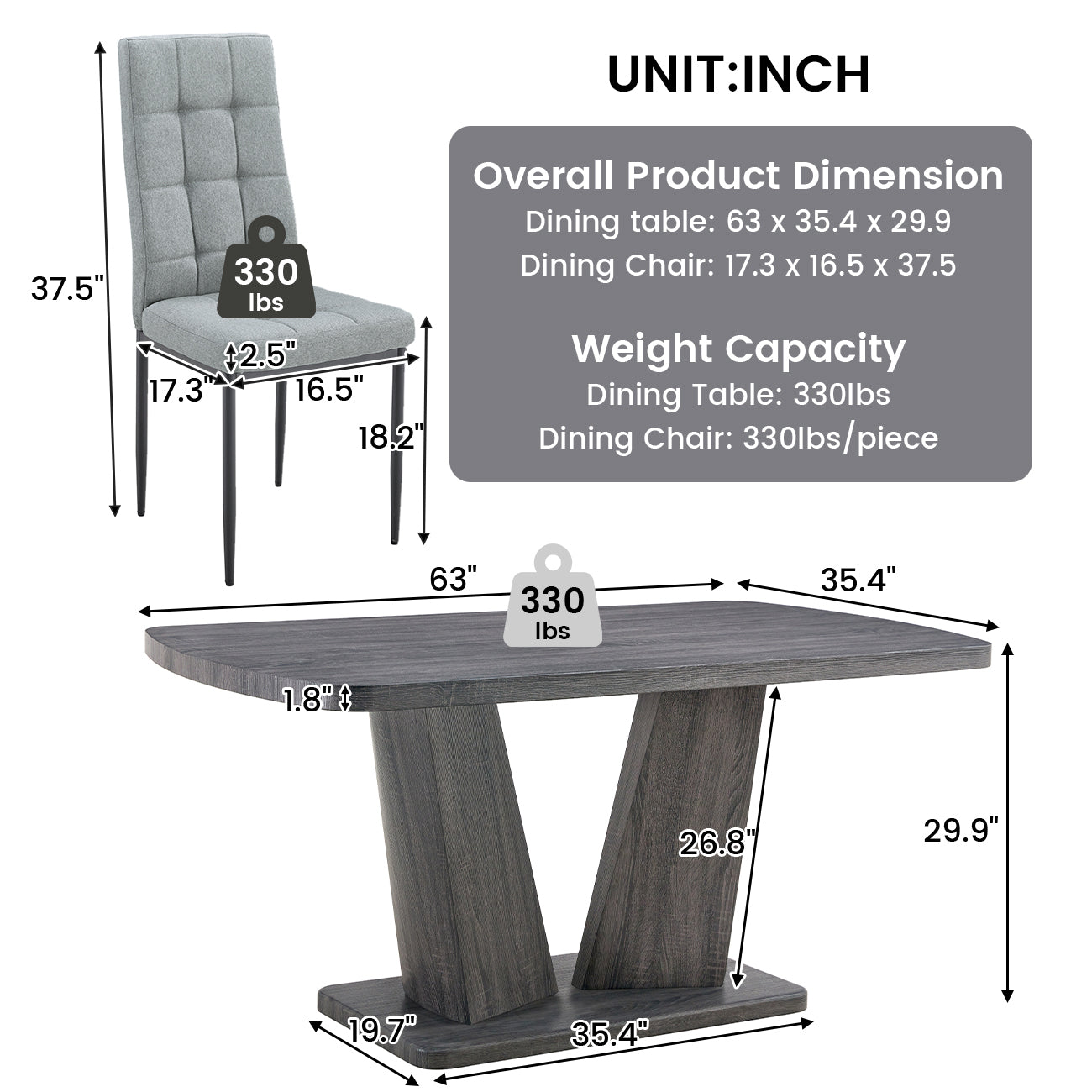 Dining Table Set For 6, 7 Piece Kitchen Table Chairs Set, 1.8" Thickness Tabletop And V Shaped Table Legs, Modern Dining Room Set With 63 Inch Dinner Table And 6 Upholstered Chairs For Dining Room Metal Gray Dining Room Classic,Mid Century Modern,Modern