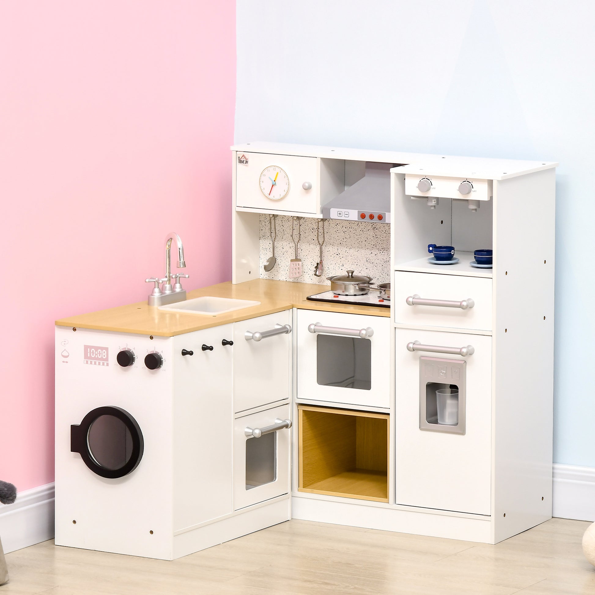 Qaba Kids Wooden Kitchen Playset With Sound Effects And Tons Of Countertop Space, Wooden Corner Play Kitchen Set With Washing Machine, Imaginative Toy Pretend Restaurant, Ages 3 6, White White Mdf