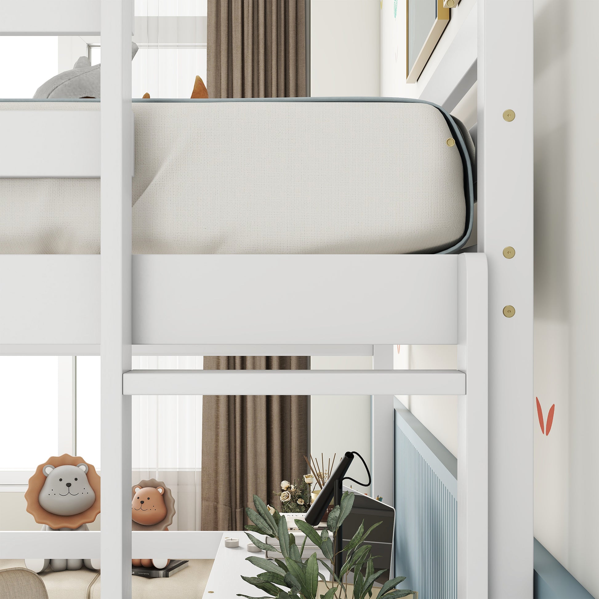 Full Loft Bed With Built In Desk, Ladder Platform, Ladders, Guardrails,White Full White Bedroom American Design Pine