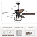 52'' Farmhouse Ceiling Fan With Lights, 52 Inch Industrial Cage Ceiling Fan Light, Indoor Outdoor Ceiling Fan With Remote, Reversible Ac Motor For Farmhouse Patios Bedroom Garage 3&E26 Matte Blac Matte Black American Design,American