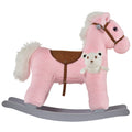 Qaba Kids Plush Ride On Rocking Horse With Bear Toy, Children Chair With Soft Plush Toy & Fun Realistic Sounds, Pink Pink Wood