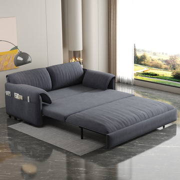 63.8" Queen Pull Out Sofa Bed, 3 In 1 Convertible Sleeper Sofa With Side Storage,Multi Functional Velvet Loveseat Bed For Living Room,Bedroom,Apartment,Office,Grey Old Sku:W1885122052 W1885P154639