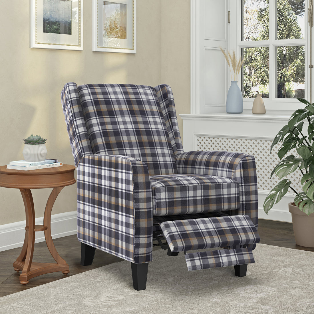 The Savannah Recliner Grey Plaid Velvet Manual Push Back Wood Cushion Back Square Arms Velvet