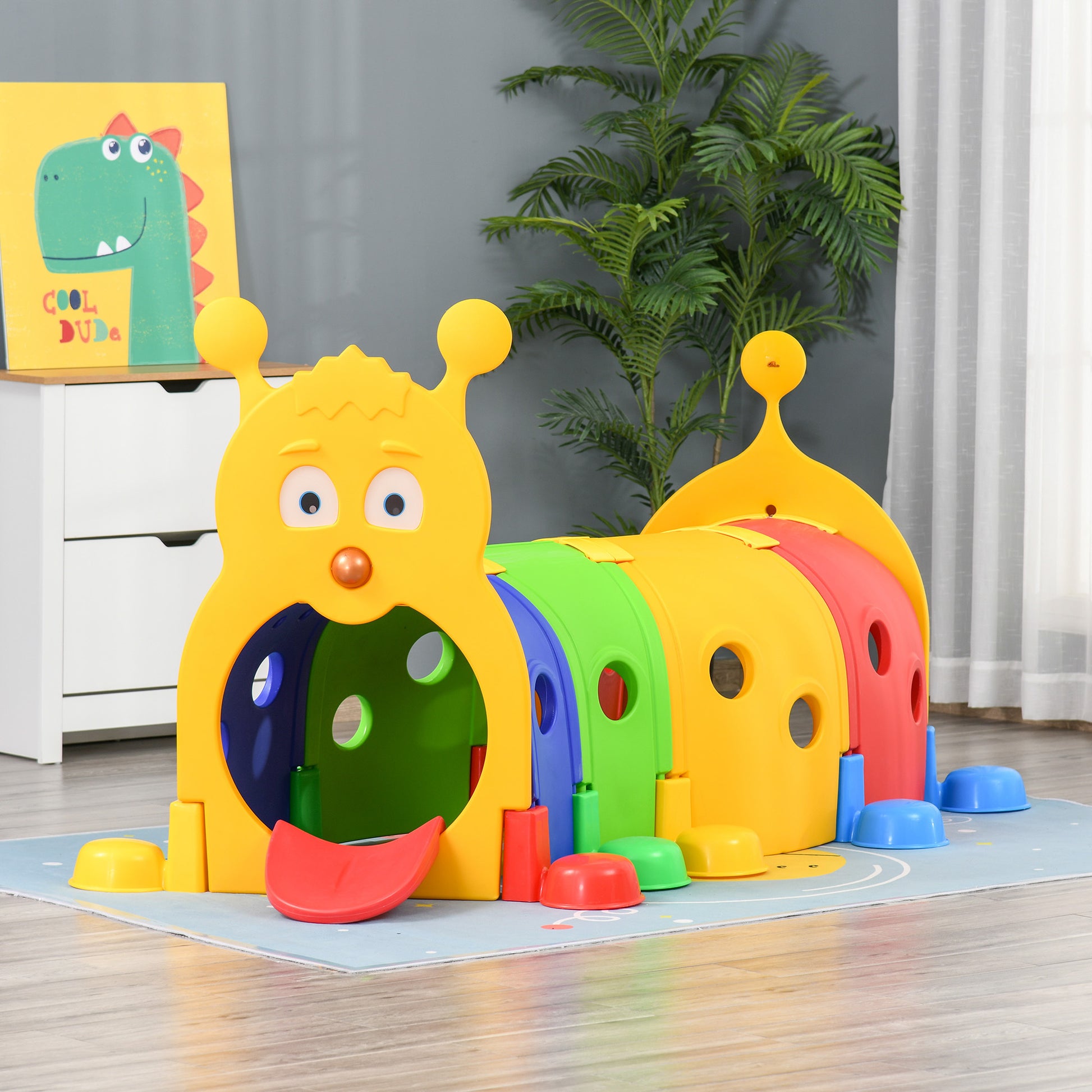 Qaba Caterpillar Tunnel For Kids, Outdoor Indoor Climb And Crawl Through, Play Equipment For Toddler 3 6, 4 Sections, For Daycare, Preschool, Playground, Multicolor Colorful Plastic