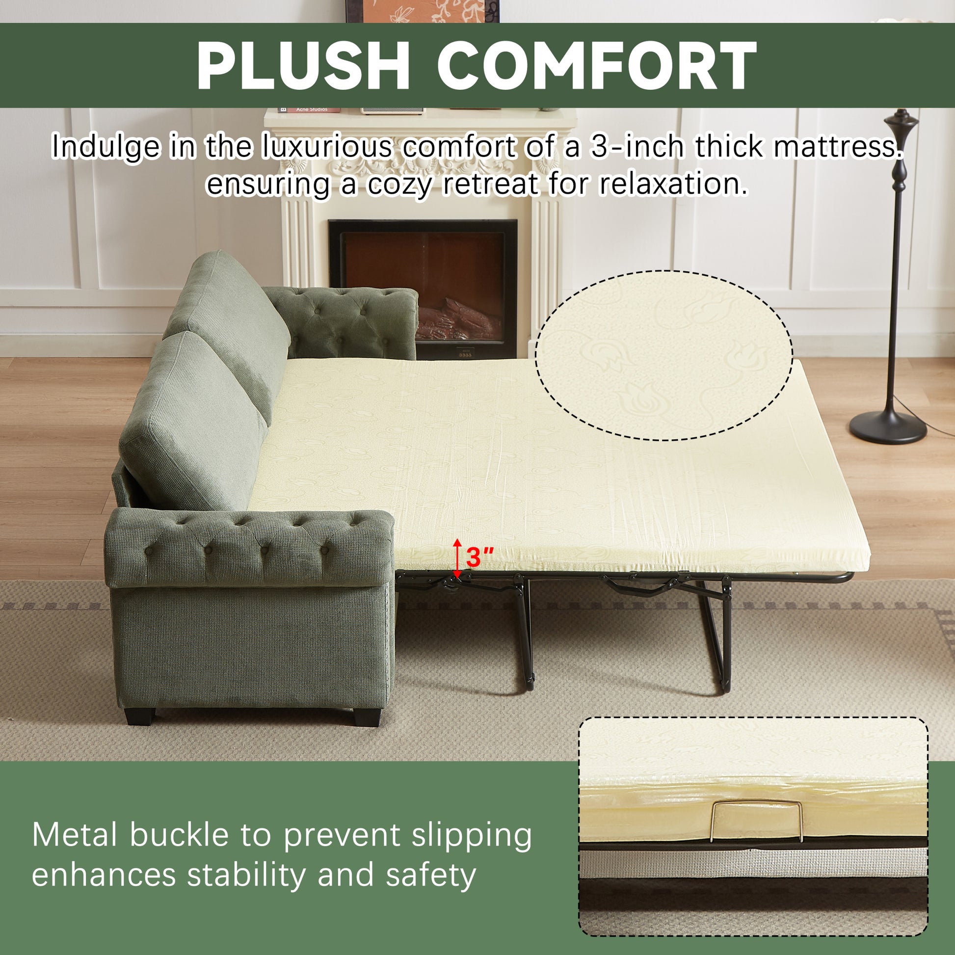Fx 83.8" Convertible Sleeper Sofa Bed, 2 In 1 Pullout Sofa Bed, Polyester Sleeper Sofa Bed With Folding Mattress, Living Room Pullout Sofa Bed, Apartment Small Space Sofa Sleeper Green Polyester Pine Foam Fabric 3 Seat
