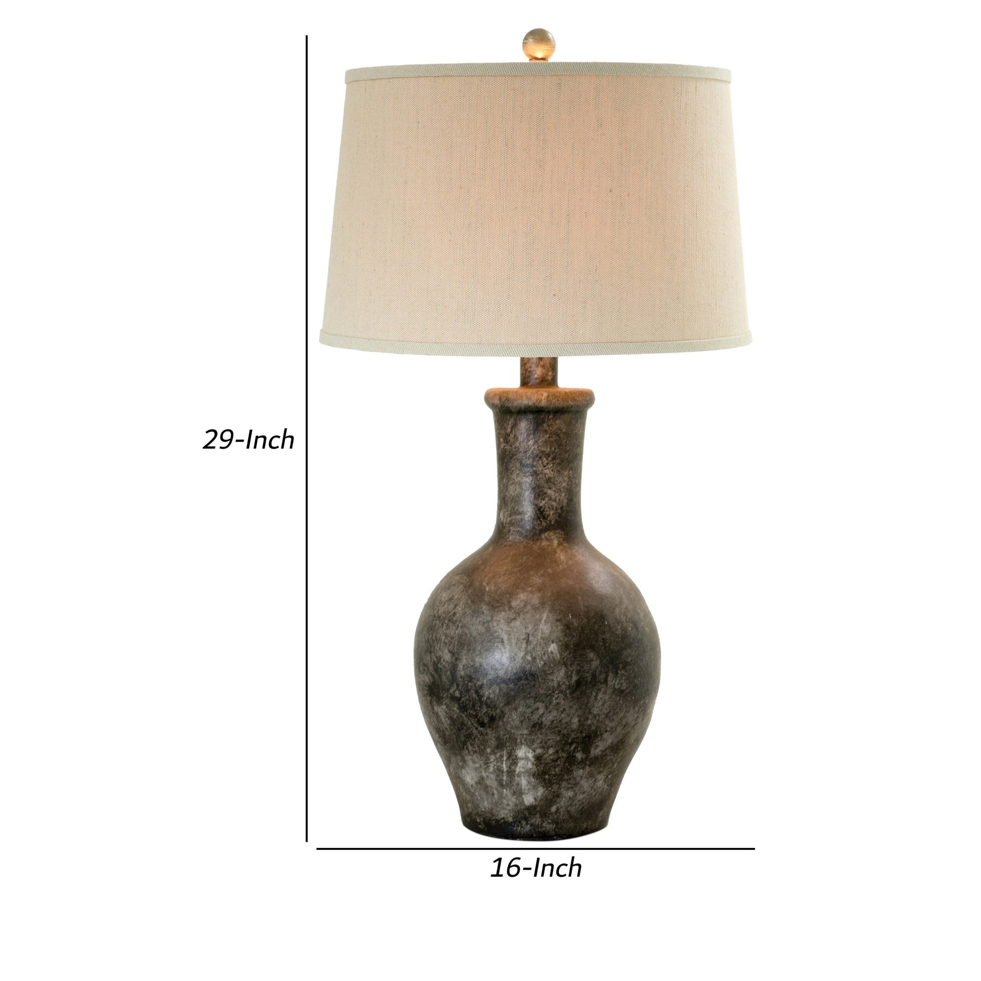 Aine 29 Inch Hydrocal Table Lamp, Drum Shade, Urn Shaped Base, Slate Gray Gray Beige Fabric