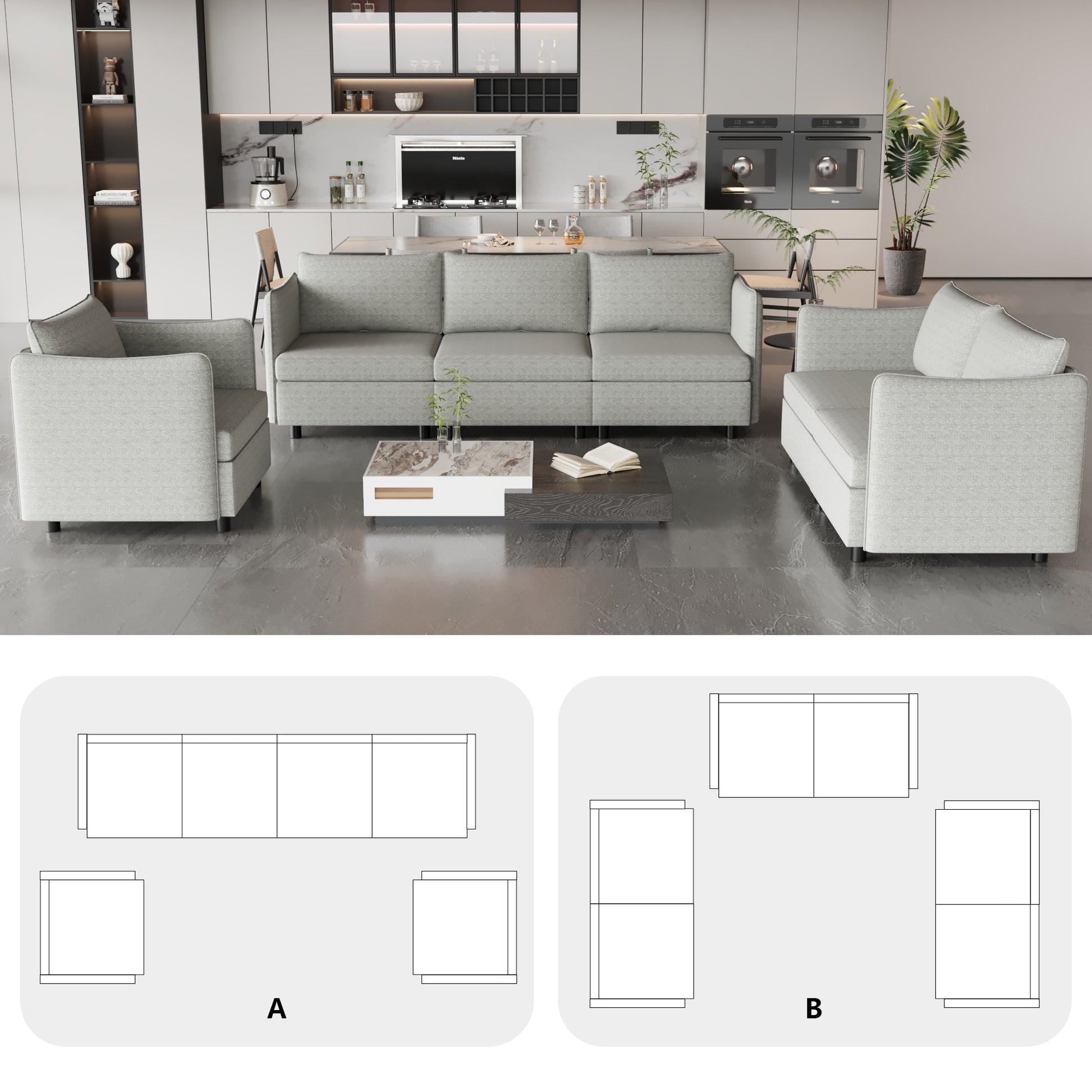 Modular Sectional Sofa, Convertible Sofa Seat With Storage, Sets Including Three Seater Sofa & Couches,Loveseat And Single Chair 1 2 3 Seat For Living Room Grey Fabric 6 Seat