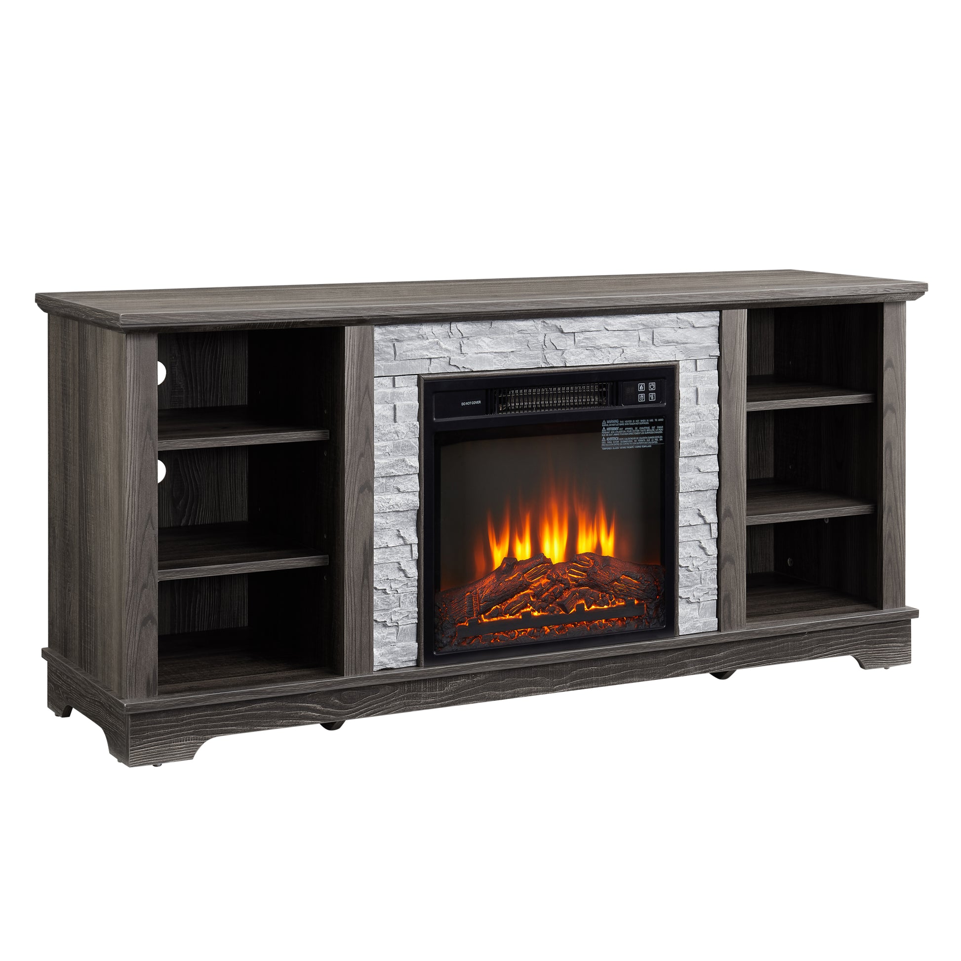 Mantel Electric Fireplace Stone Tv Media Stand With With Faux Stacked Stone Surround, Modern Entertainment Console With Open Storage Space,Grey, 58.31"W*15.39"D*26.06"H Grey 60 69 Inches Mdf