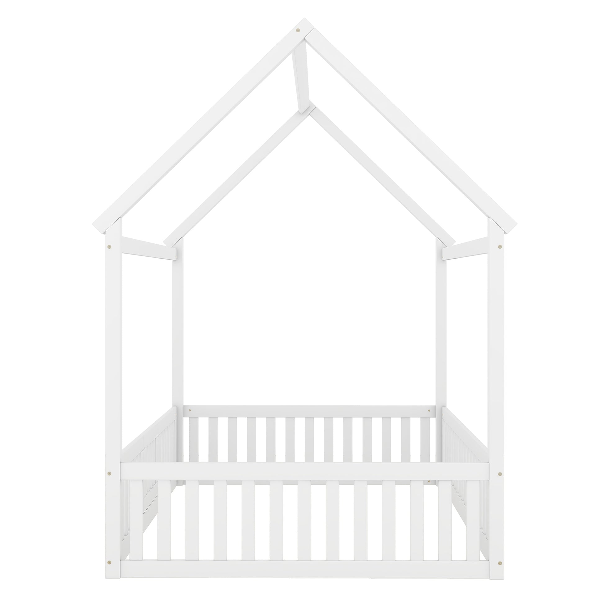 Full Size Wood House Bed With Fence And Door, White Old Sku: Wf303134Aak Box Spring Not Required Full White Wood Bedroom Bed Frame Pine