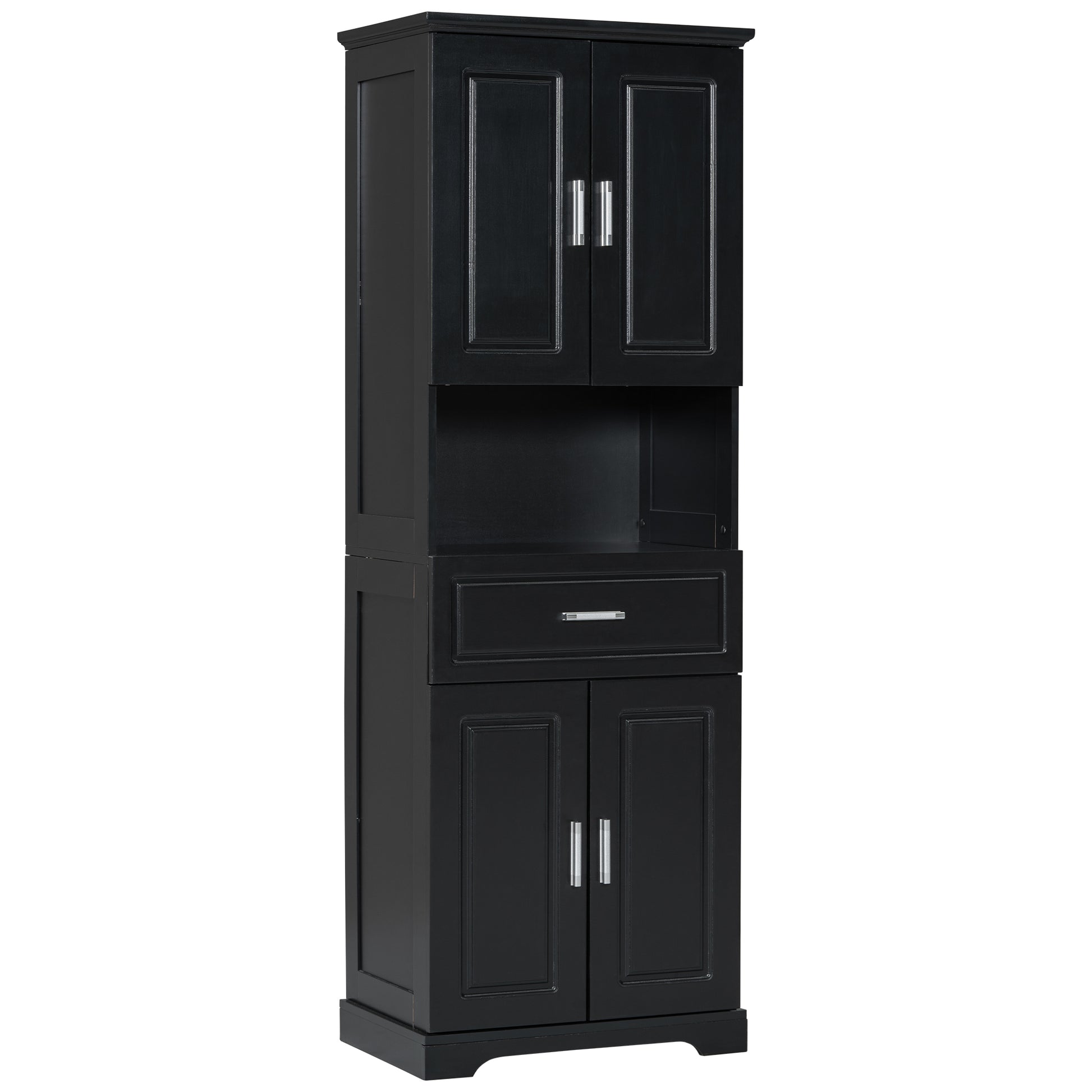 Tall Bathroom Cabinet With Four Doors, Large Storage Space Open Shelve, Upper Storage Cabinet, Black Black Mdf