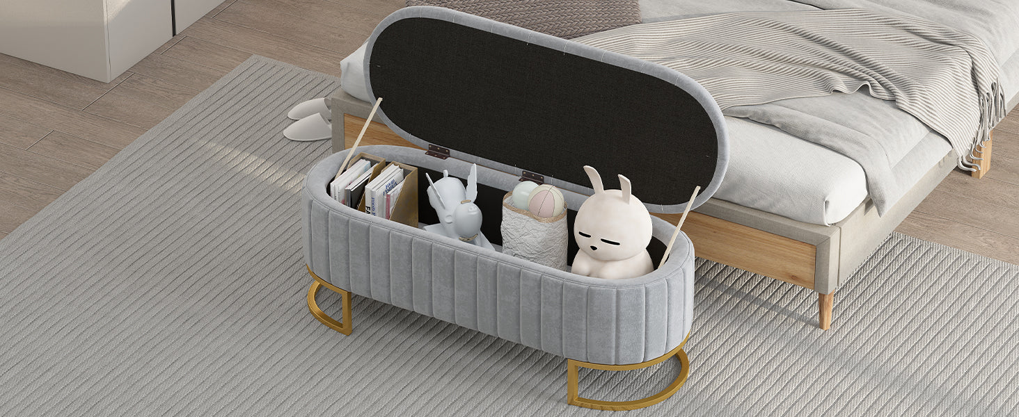 Elegant Upholstered Velvet Storage Ottoman With Button Tufted,Storage Bench With Metal Legs For Bedroom,Living Room,Fully Assembled Except Legs,Grey Grey Velvet