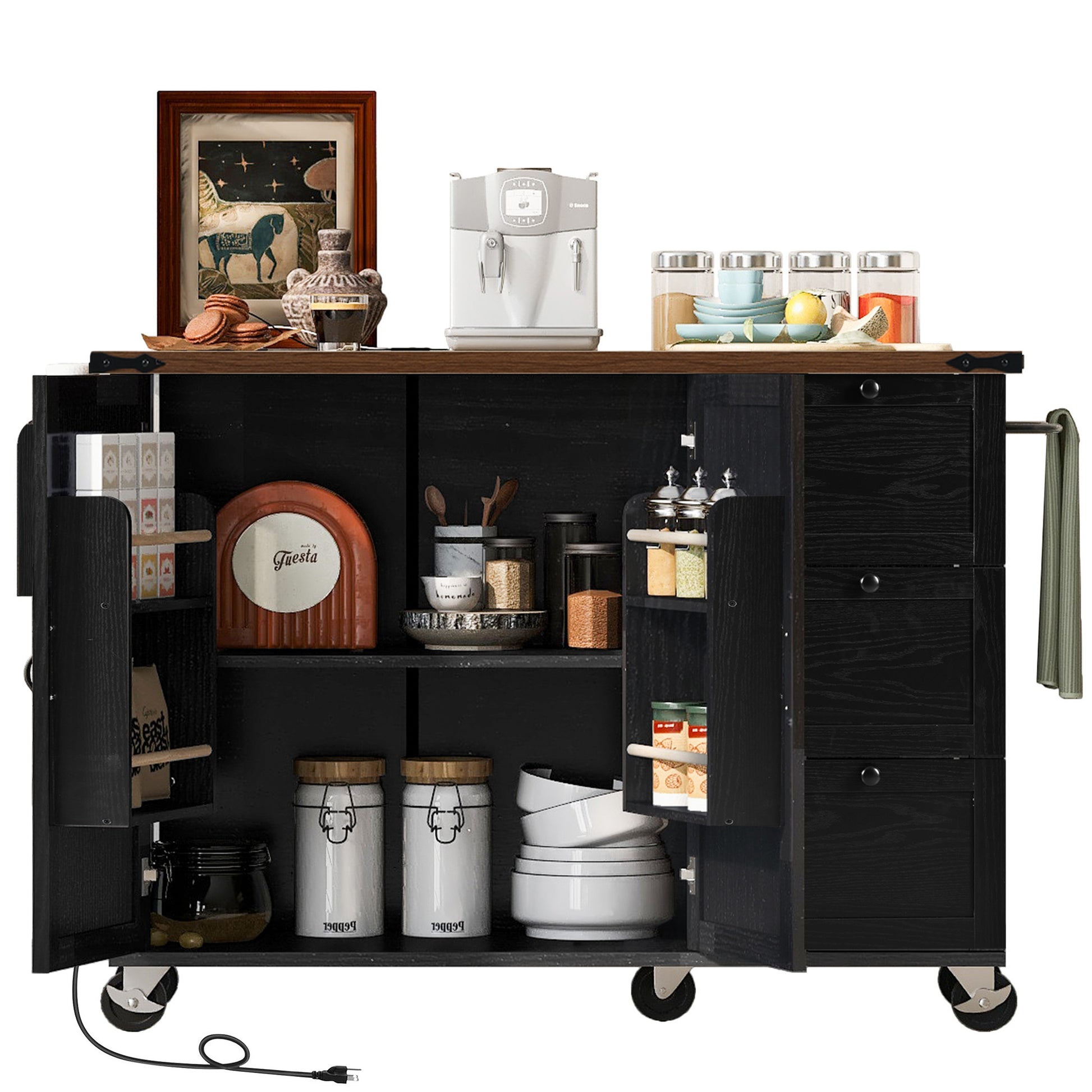 K&K 54.5" Farmhouse Kitchen Island With Power Outlet, Kitchen Storage Island With Internal Storage Rack, Drop Leaf, Spice Rack, Rolling Kitchen Cart On Wheels, For Home, Kitchen And Dining Room,Black Black Brown Kitchen Classic,Farmhouse,Luxury,Modern