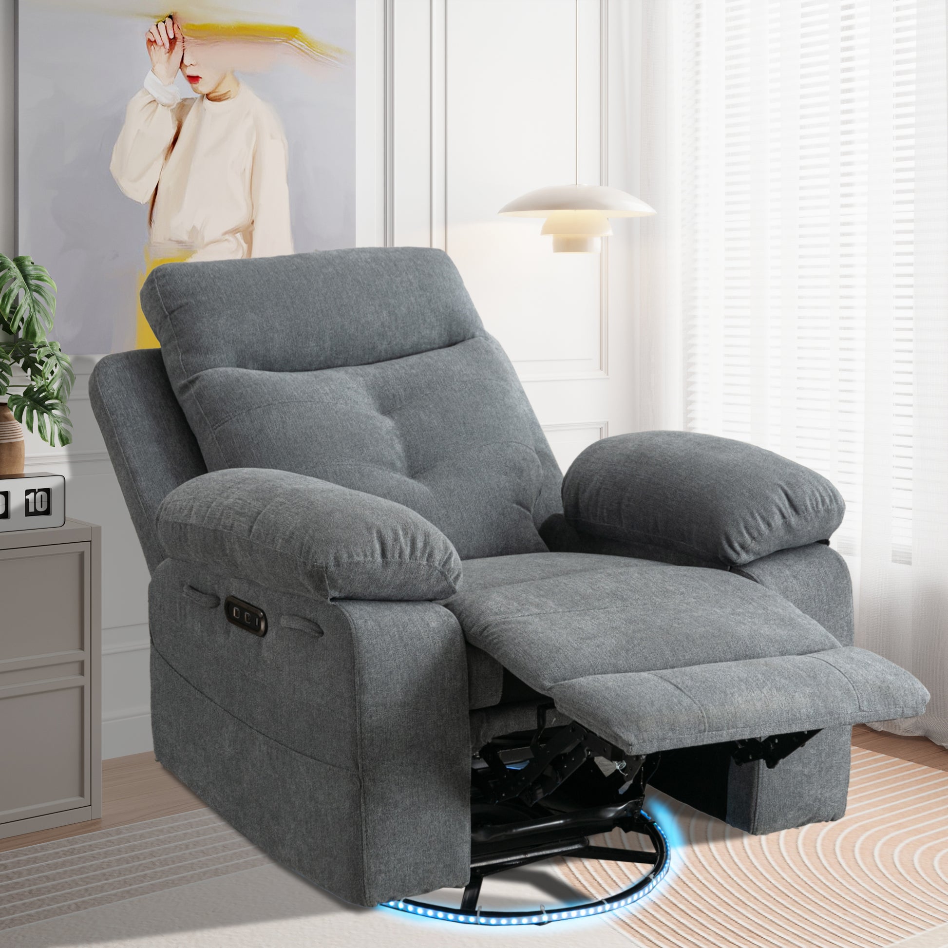 Power Recliner Glider Chair With Bluetooth Speaker 270 Degree Swivel With Led Light Side Arm With Storage Pockets Usb Type C Charging Port Button Control Retractable Footrest Adjustable Backrest Lg Light Grey Linen Power Push Button Metal Primary Living