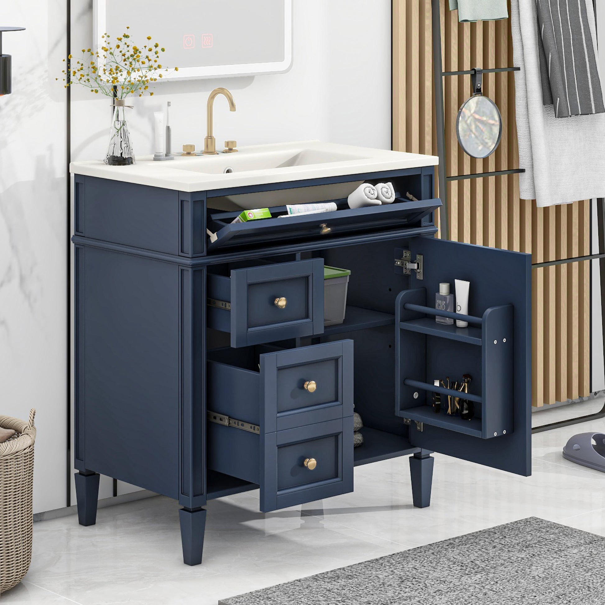 30'' Bathroom Vanity With Top Sink, Modern Bathroom Storage Cabinet With 2 Drawers And A Tip Out Drawer, Single Sink Bathroom Vanity Blue Modern Mdf Ceramic,Solid Wood Mdf