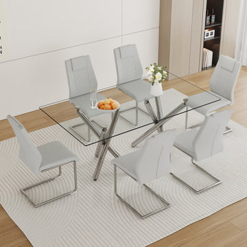 Table And Chair Set.Large Minimalist Rectangular Glass Dining Table For 6 8 With 0.39" Tempered Glass Tabletop And Silver Chrome Metal Legs.Paried With Comfortable Chairs With Pu Seats And Metal Legs. Silver Seats 6 Glass Metal