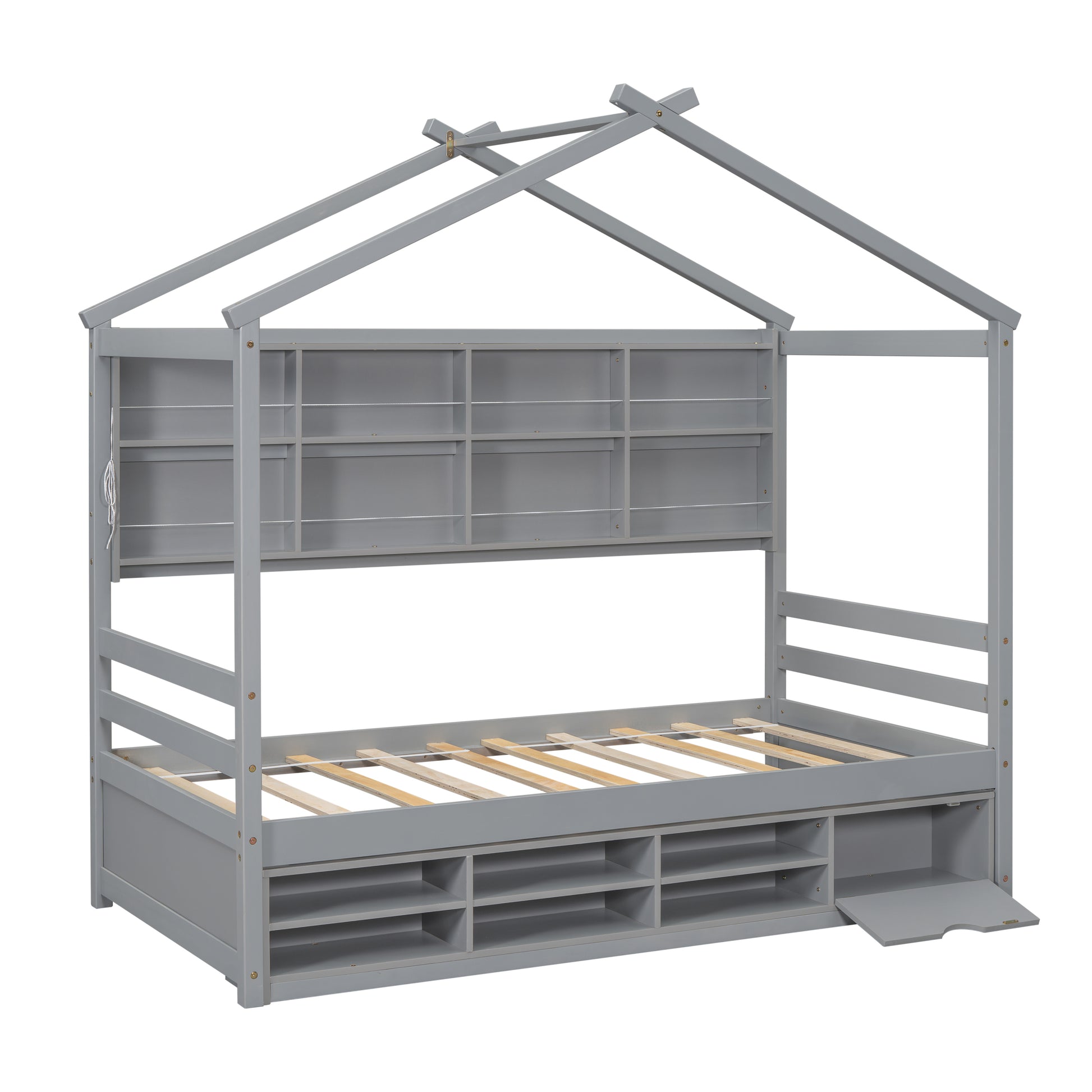 Twin House Bed With Roof Frame, Bedside Shelves, Under Bed Storage Unit,Grey Twin Grey American Design Pine